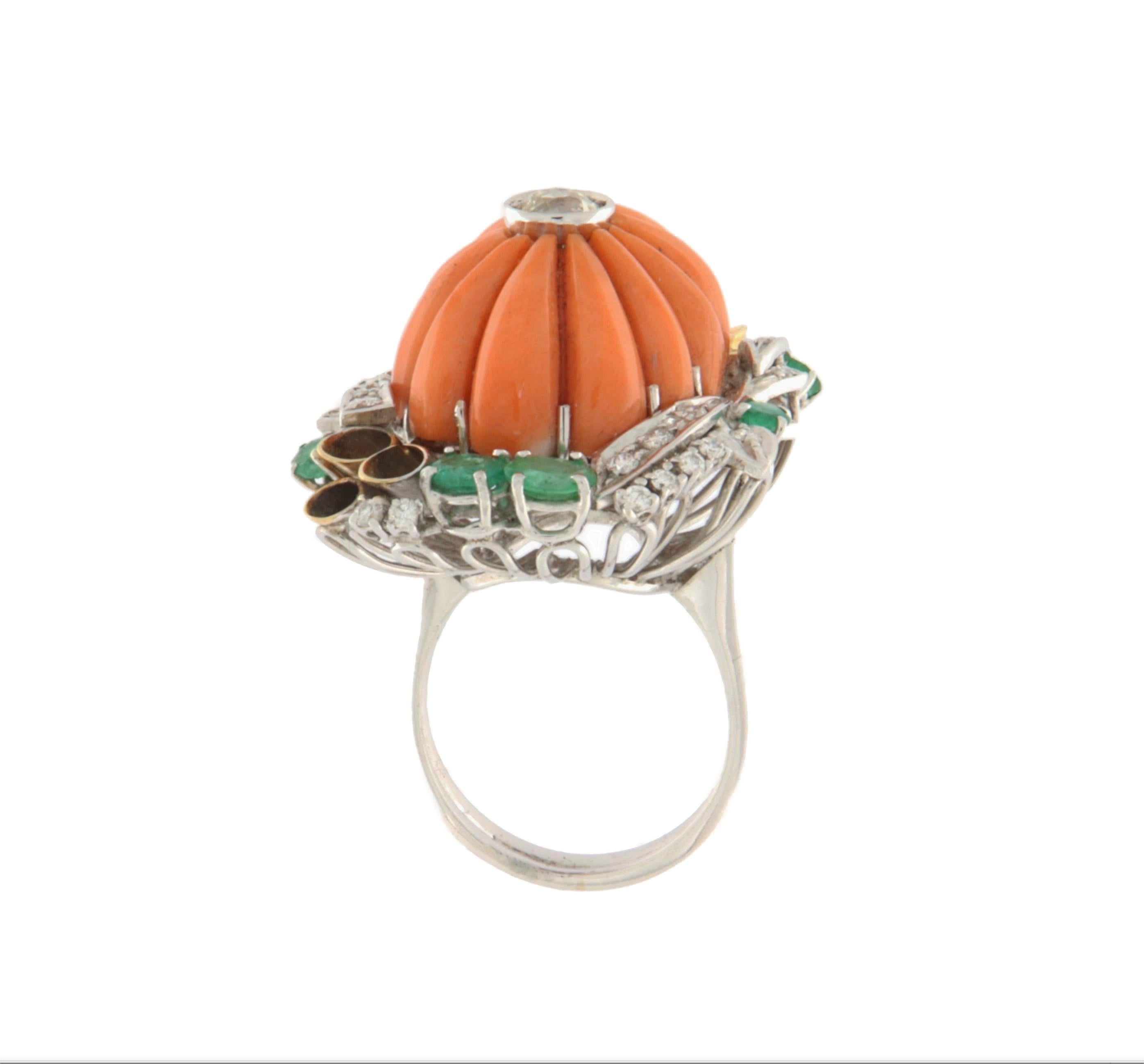 Retro Coral Diamonds Emeralds 18 Karat Yellow And White Gold Cocktail Ring For Sale
