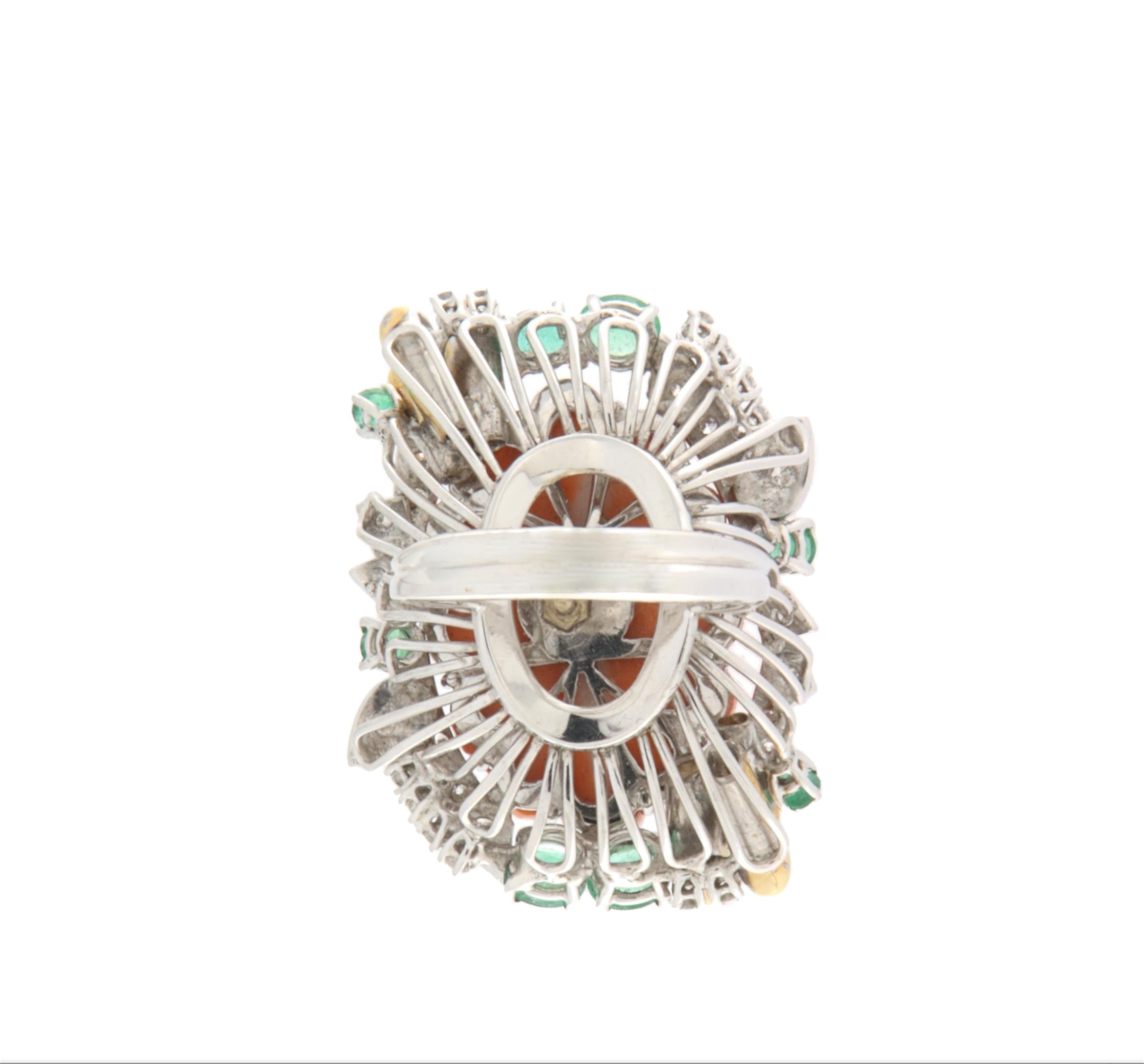Brilliant Cut Coral Diamonds Emeralds 18 Karat Yellow And White Gold Cocktail Ring For Sale