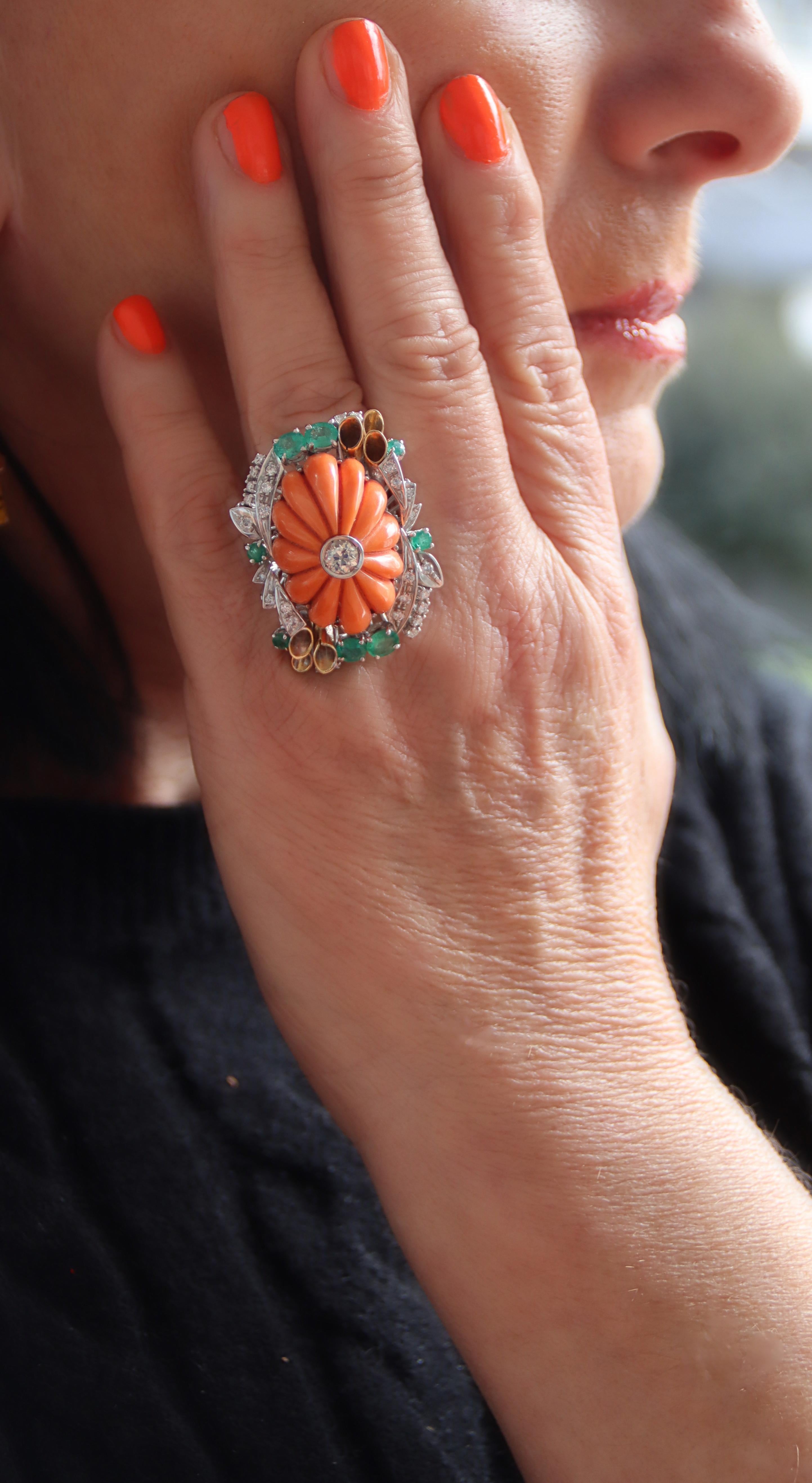 Coral Diamonds Emeralds 18 Karat Yellow And White Gold Cocktail Ring For Sale 2