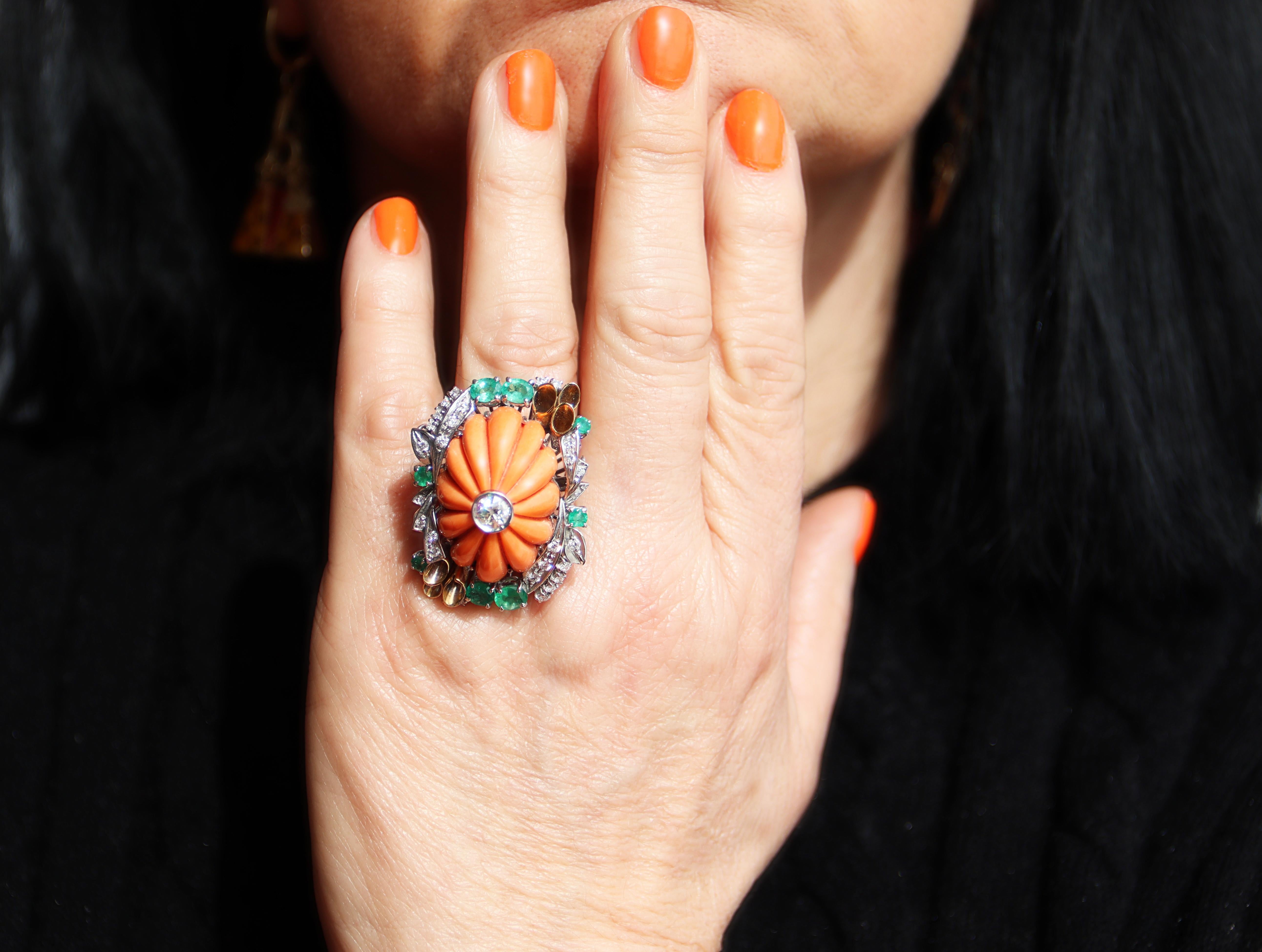 Coral Diamonds Emeralds 18 Karat Yellow And White Gold Cocktail Ring For Sale 3