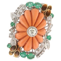 Coral Diamonds Emeralds 18 Karat Yellow And White Gold Cocktail Ring
