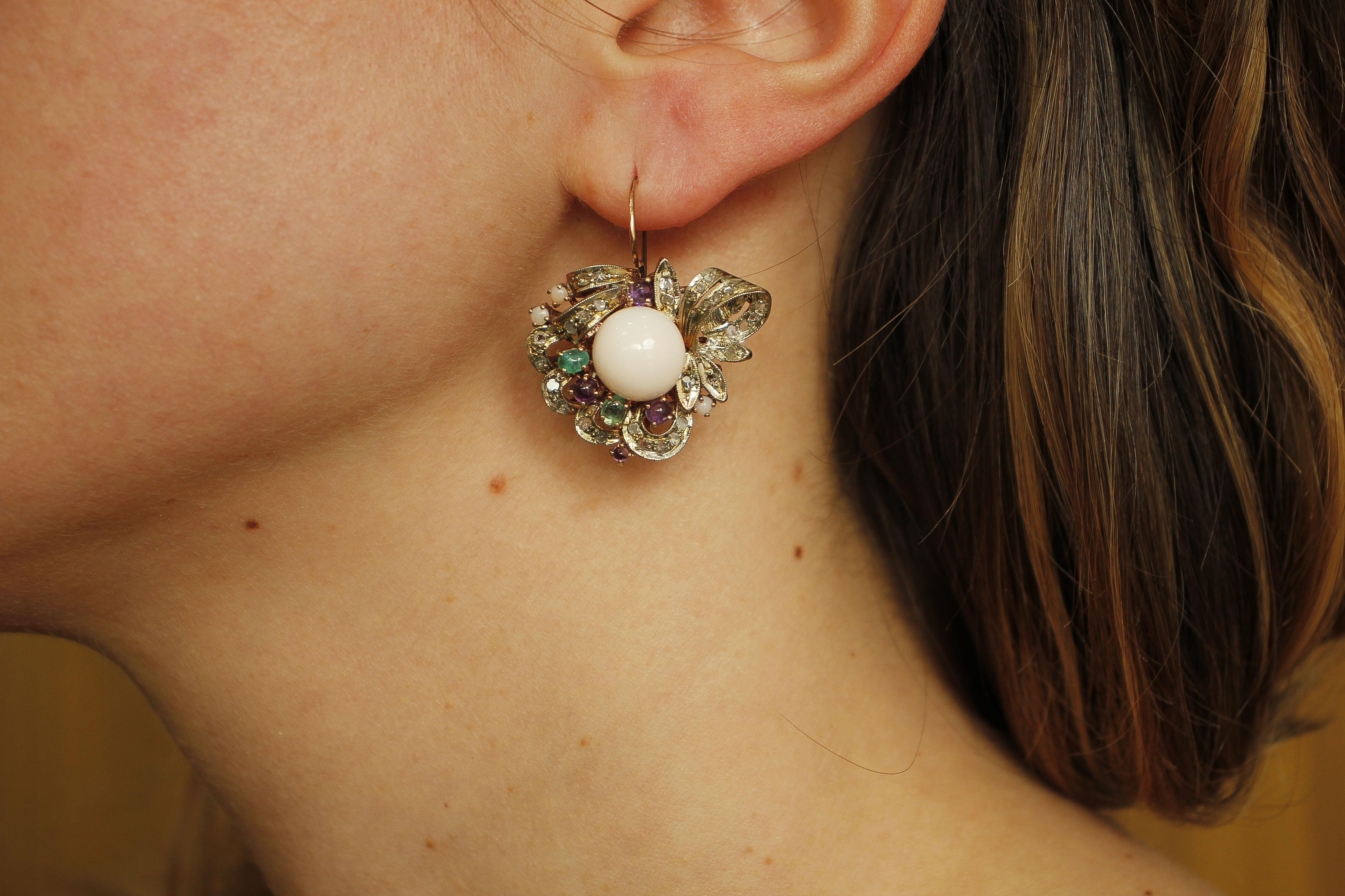 Women's Pink Coral Buttons, Diamonds, Emeralds, Amethysts, 9K Rose Gold Silver Earrings For Sale