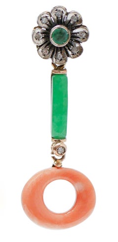 Coral, Diamonds, Emeralds, Jade, Rose Gold and Silver Earrings.