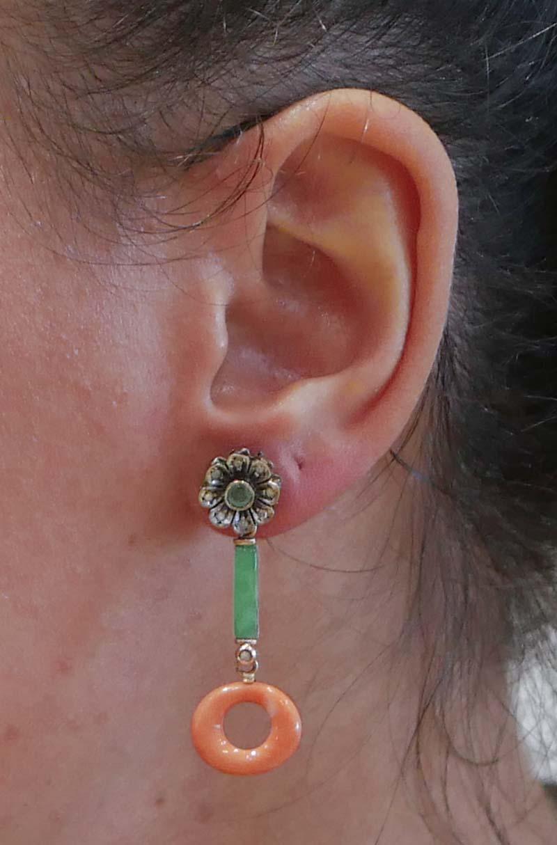 Coral, Diamonds, Emeralds, Jade, Rose Gold and Silver Earrings. In Good Condition For Sale In Marcianise, Marcianise (CE)
