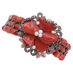 Coral, Diamonds, Emeralds, Rubies, Sapphires, Garnets, 9Kt Gold and Silver Bracelet Coral, Diamonds, Emeralds, Rubies, Sapphires, Garnets, 9Kt Gold and Silver Bracelet