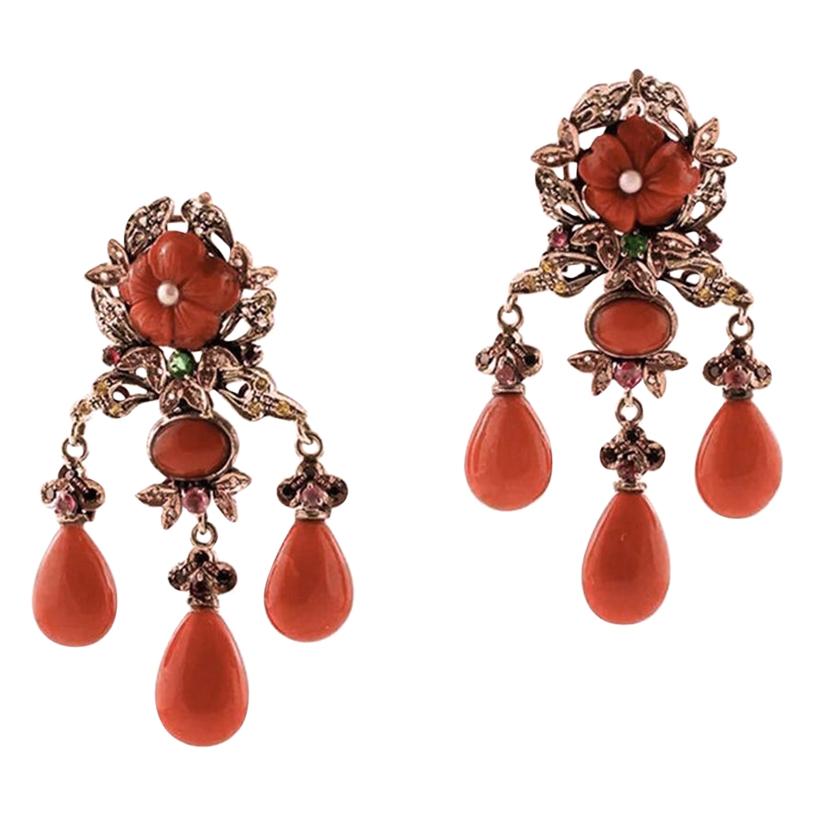 Coral, Diamonds Emeralds Rubies Sapphires Pearls 9 Karat Gold and Silver Earring