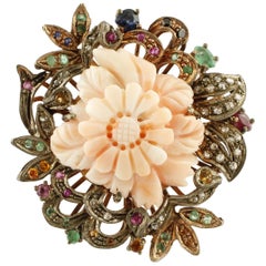 Coral Diamonds Emeralds Rubies Sapphires Rose Gold and Silver Cocktail Ring