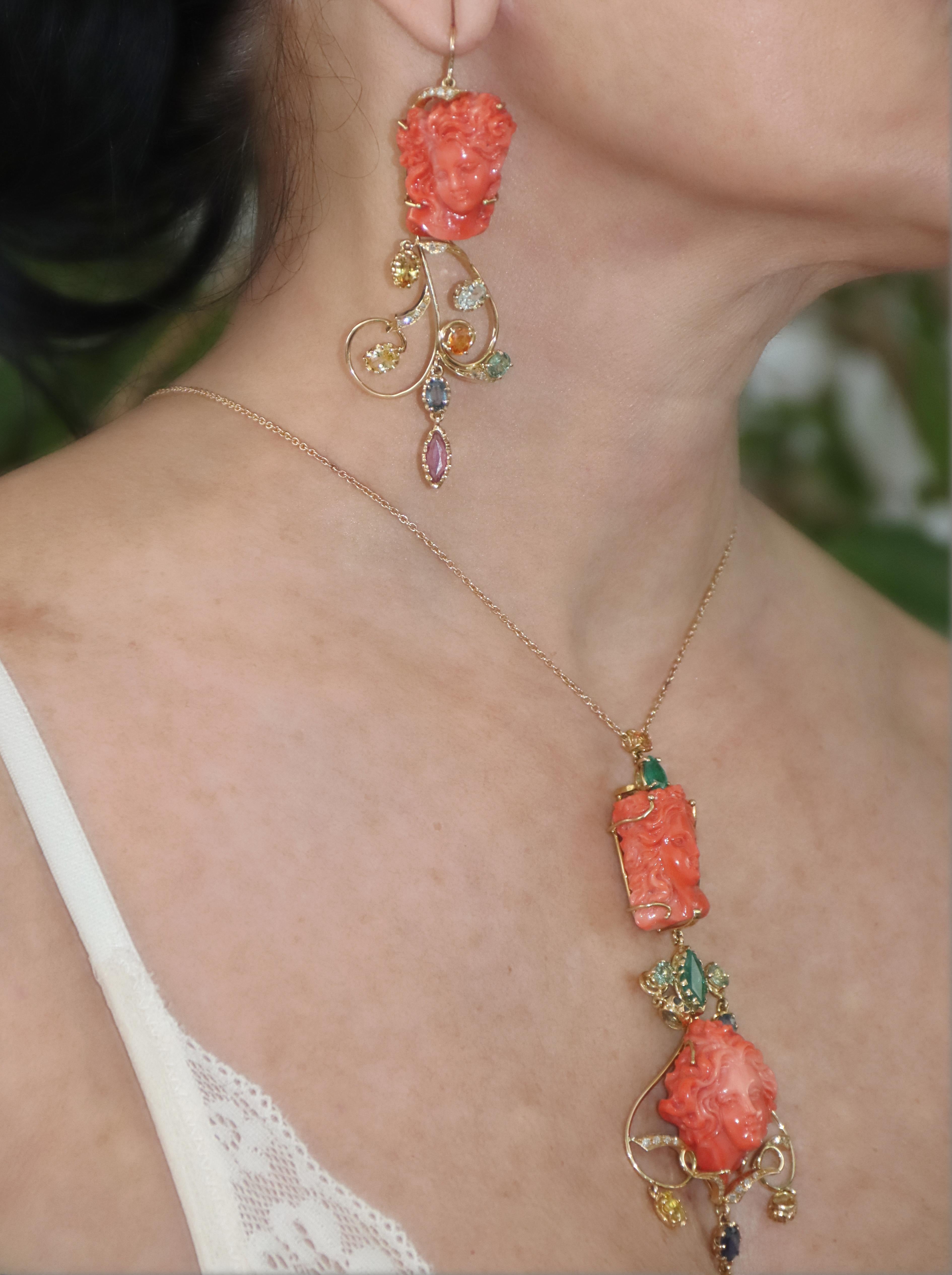 Coral Diamonds Emeralds Sapphires 14 Karat Yellow Gold Pendant Necklace   For Sale 4