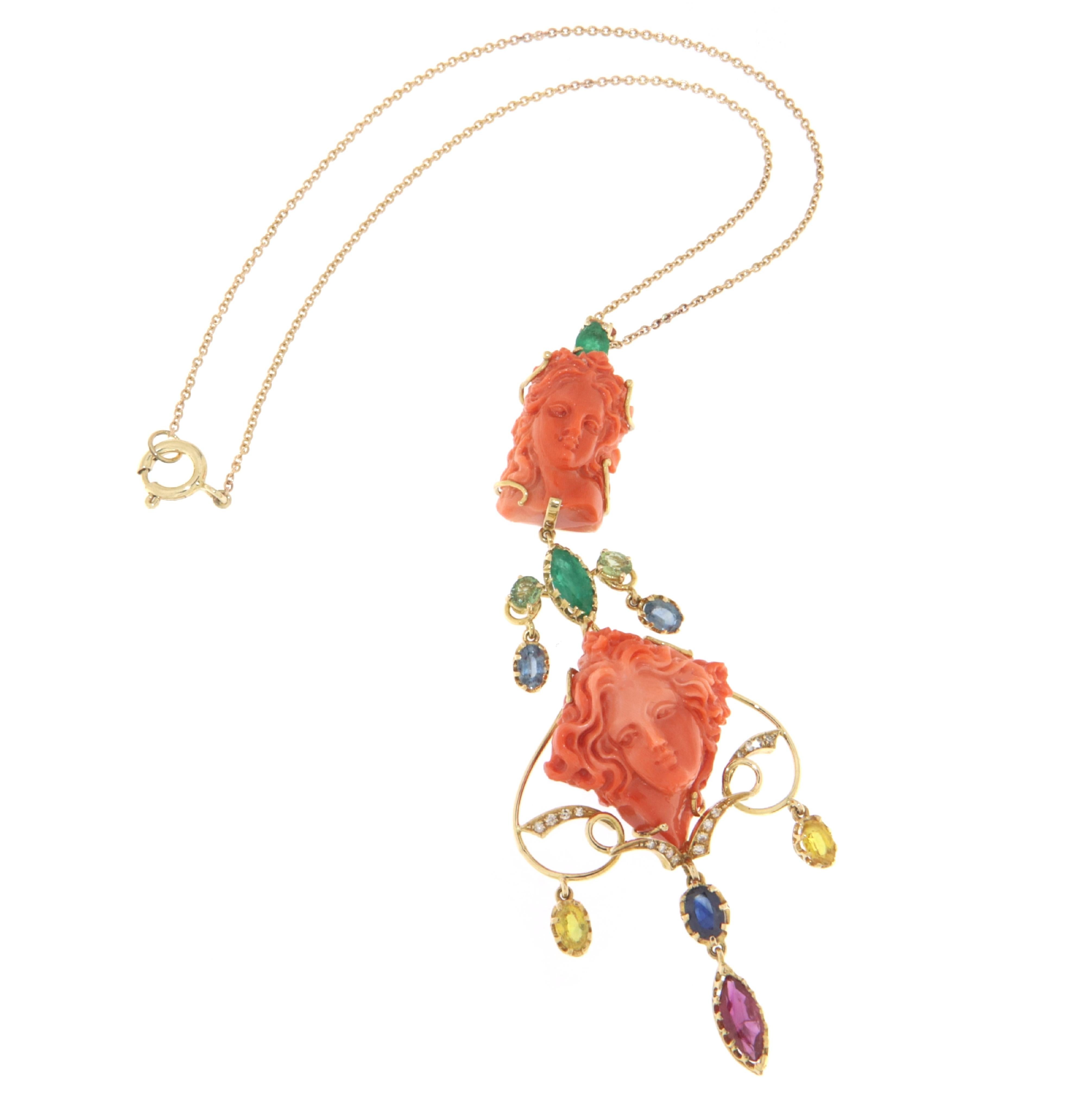 Artisan Coral Diamonds Emeralds Sapphires 14 Karat Yellow Gold Pendant Necklace   For Sale