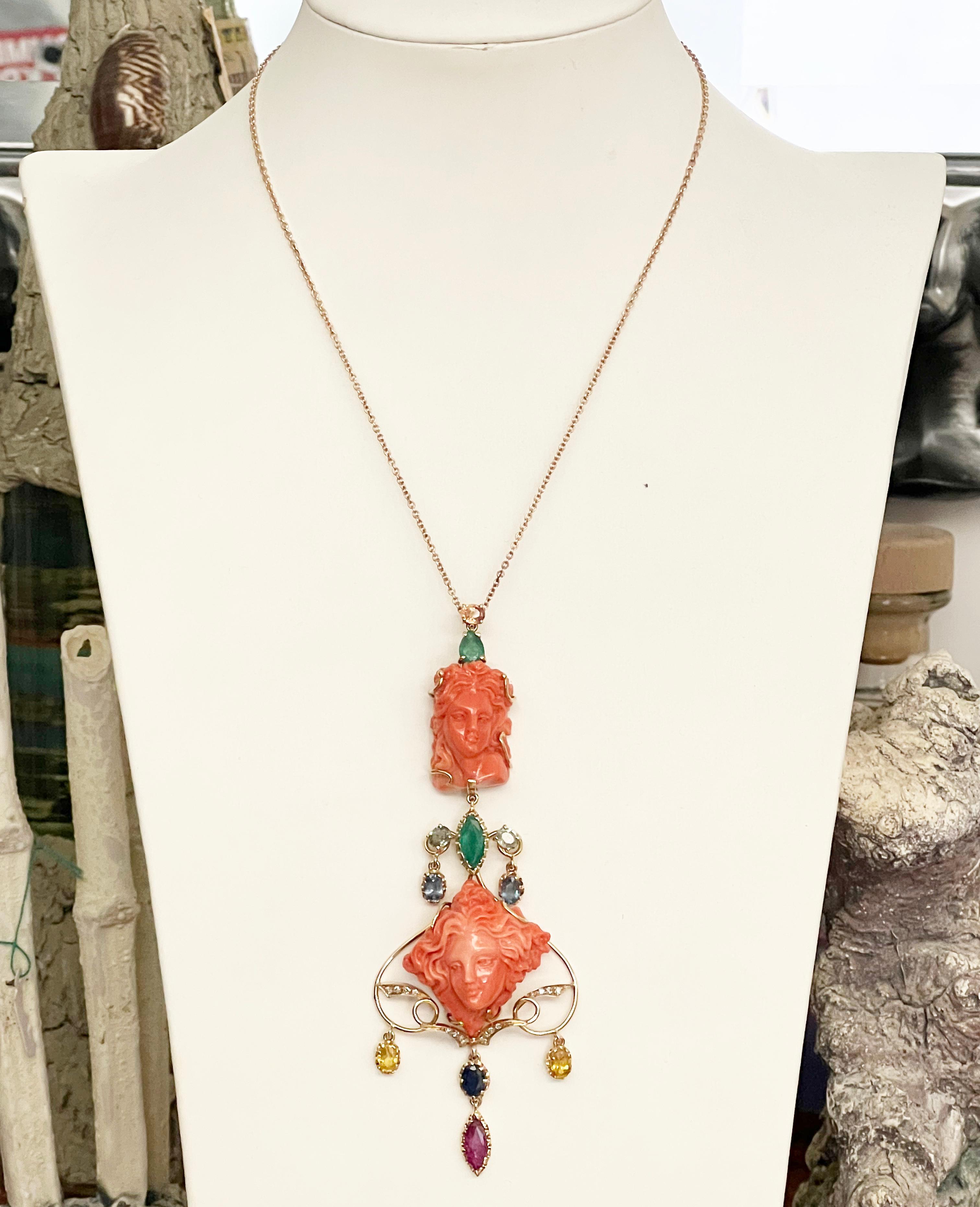 Women's Coral Diamonds Emeralds Sapphires 14 Karat Yellow Gold Pendant Necklace   For Sale