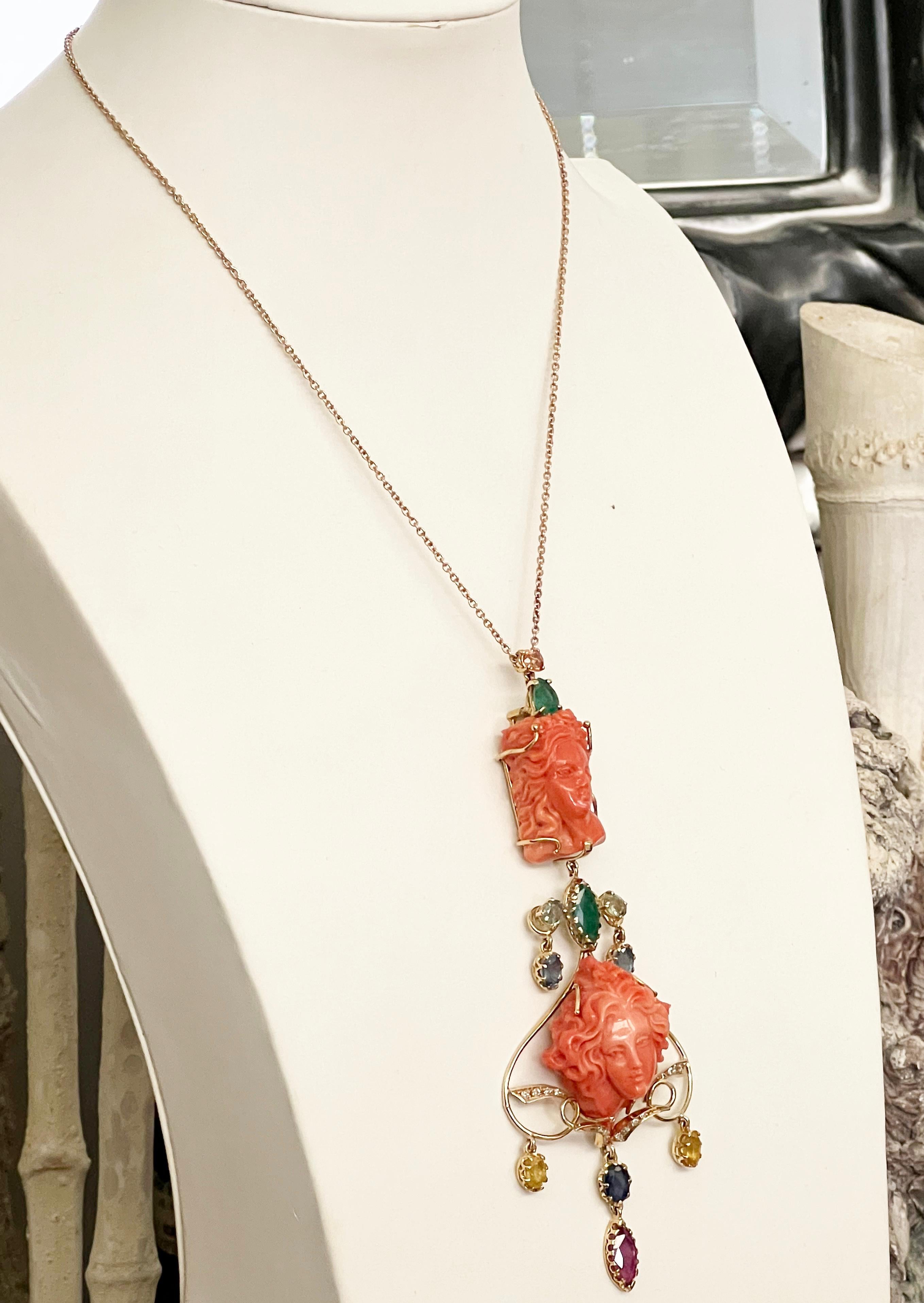 Coral Diamonds Emeralds Sapphires 14 Karat Yellow Gold Pendant Necklace   For Sale 1