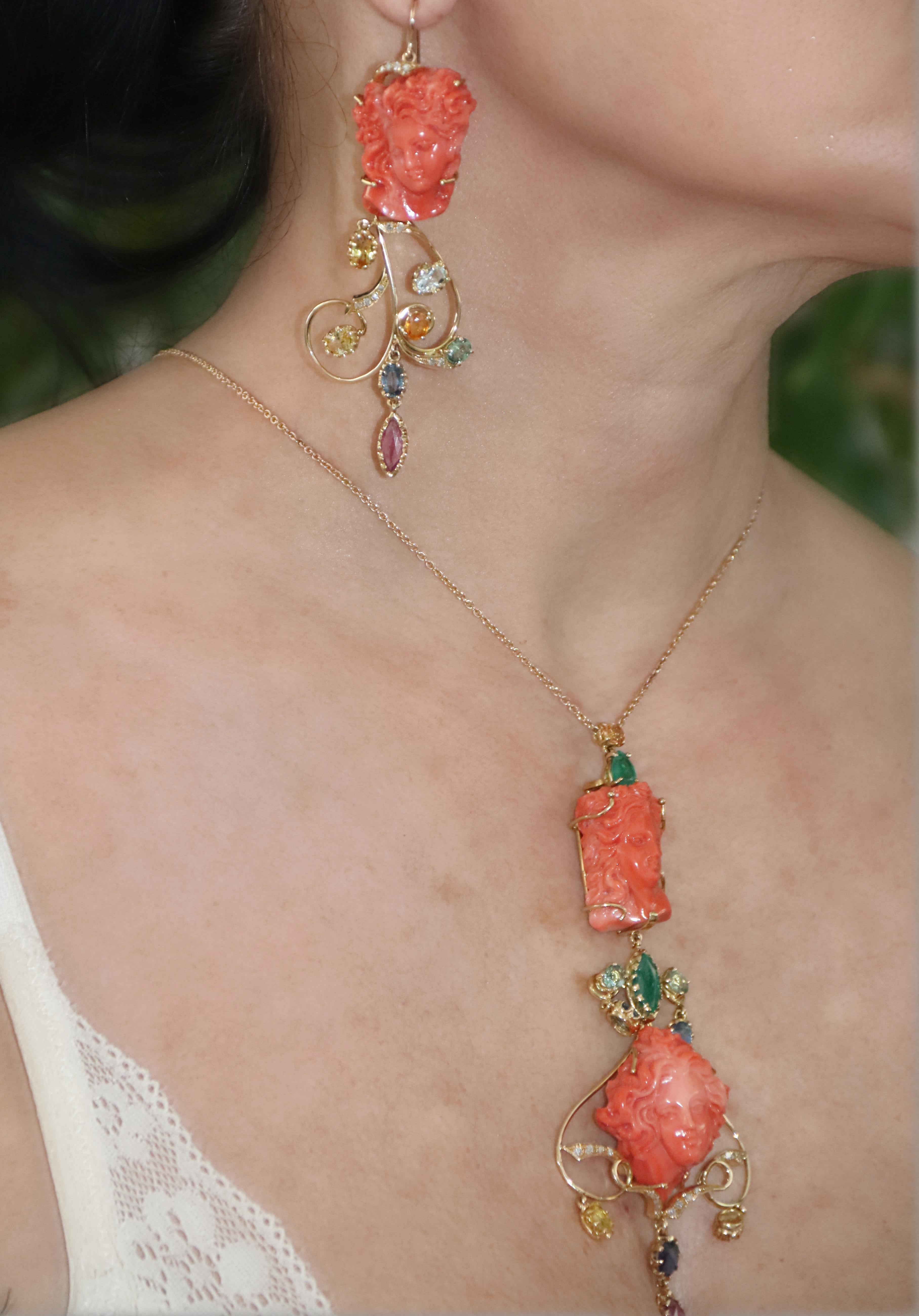 Coral Diamonds Emeralds Sapphires 14 Karat Yellow Gold Pendant Necklace   For Sale 3