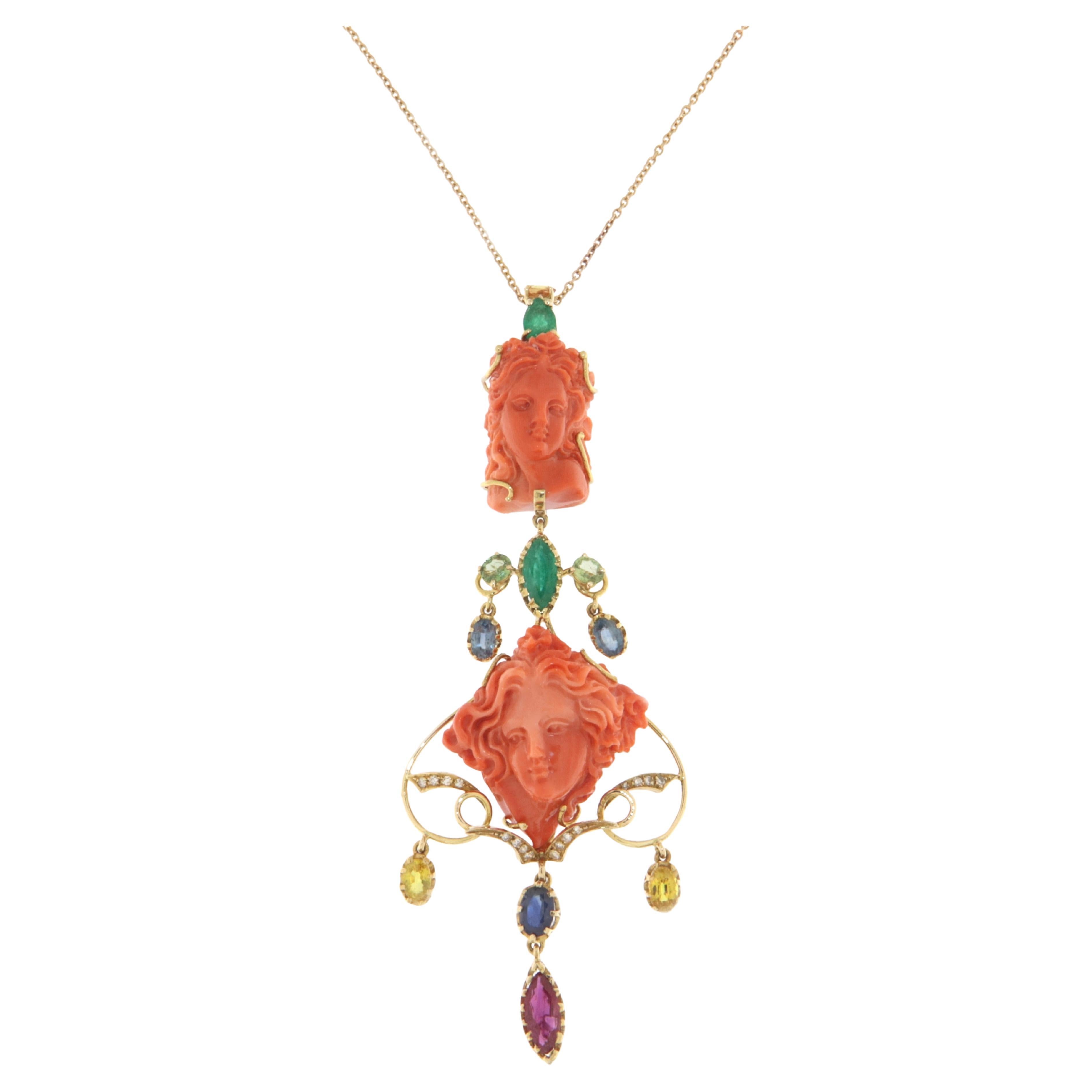 Coral Diamonds Emeralds Sapphires 14 Karat Yellow Gold Pendant Necklace  