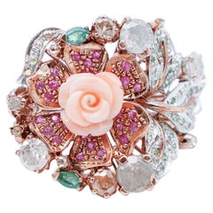 Coral, Diamonds, Emerlads, Rubies, Tsavorite, 9 Karat Rose Gold and Silver Ring