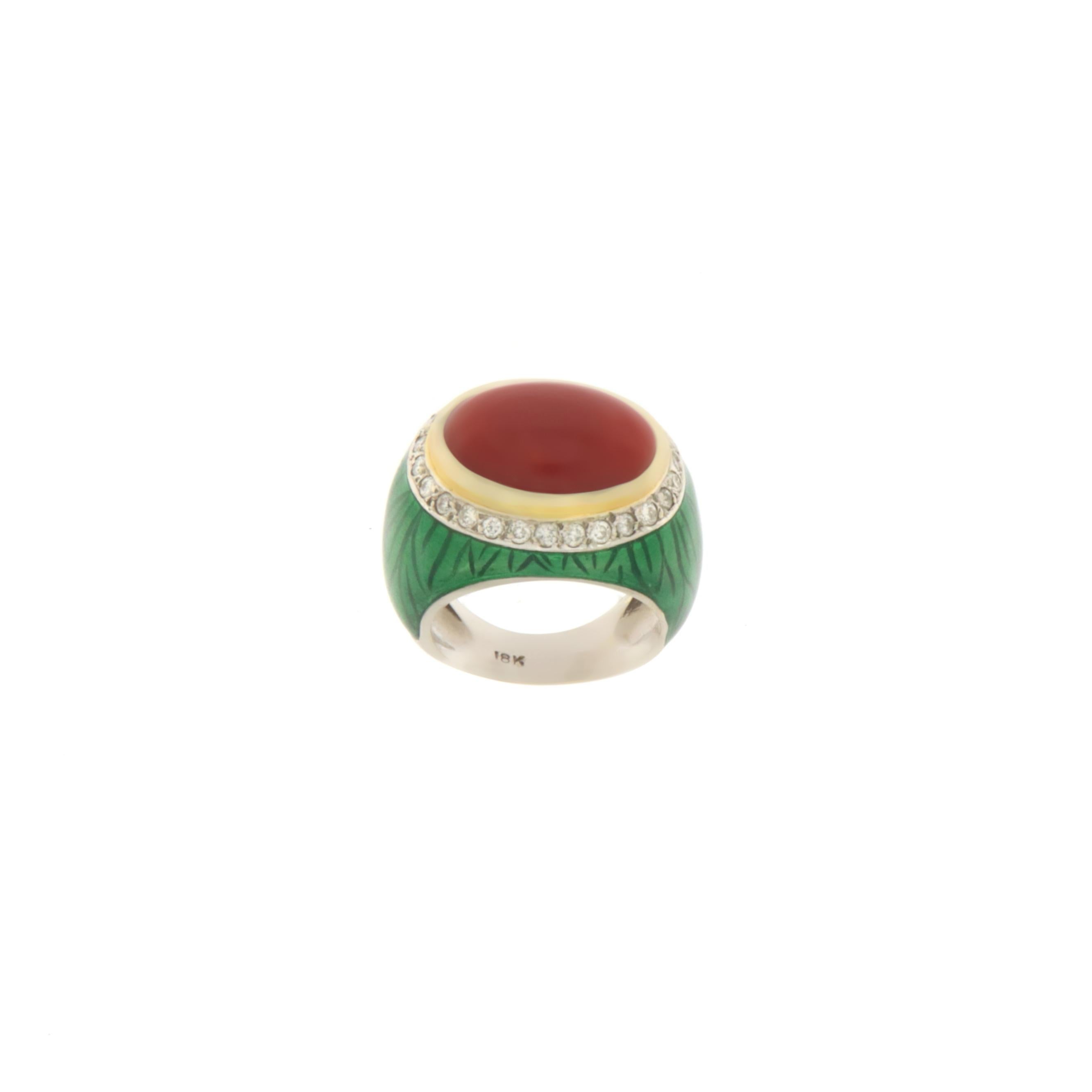 Korallen-Diamant-Emaille-Ring aus 18 Karat Weiß- und Gelbgold (Kunsthandwerker*in) im Angebot