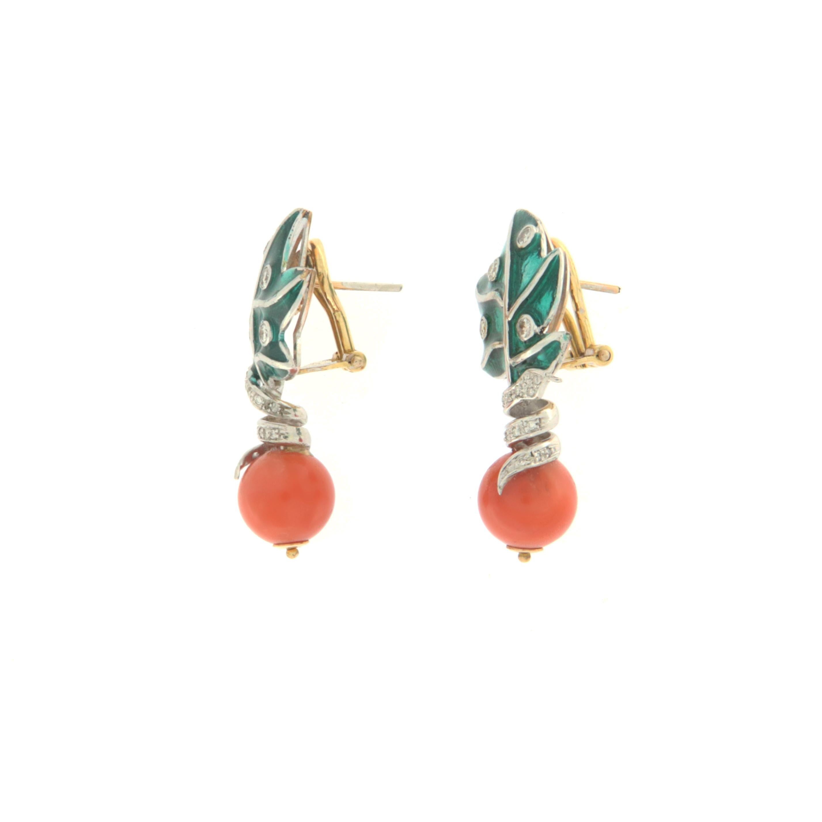 Coral Diamonds Enamels Yellow Gold 18 Karat Clip-On Earrings In New Condition In Marcianise, IT