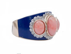 Coral, Diamonds, Lapis, 14 Karat Rose and White Gold Band Ring