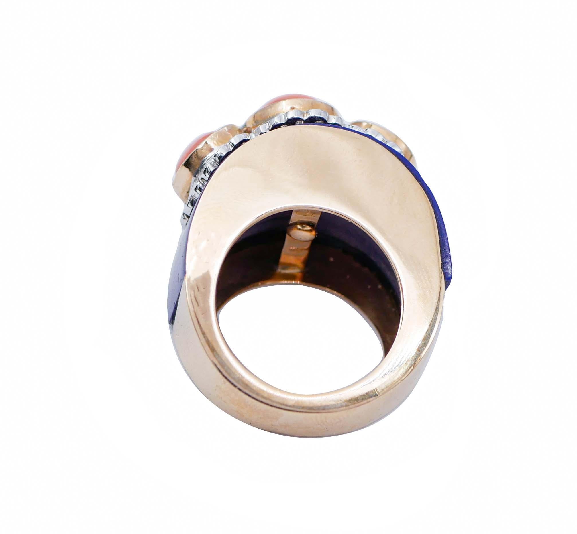 Retro Coral, Diamonds, Lapis, 14 Karat Rose and White Gold Band Ring For Sale