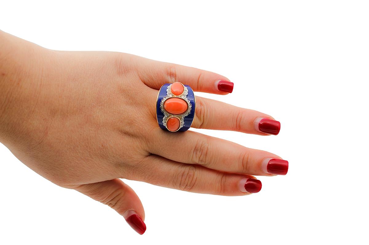 Mixed Cut Coral, Diamonds, Lapis, 14 Karat Rose and White Gold Band Ring For Sale