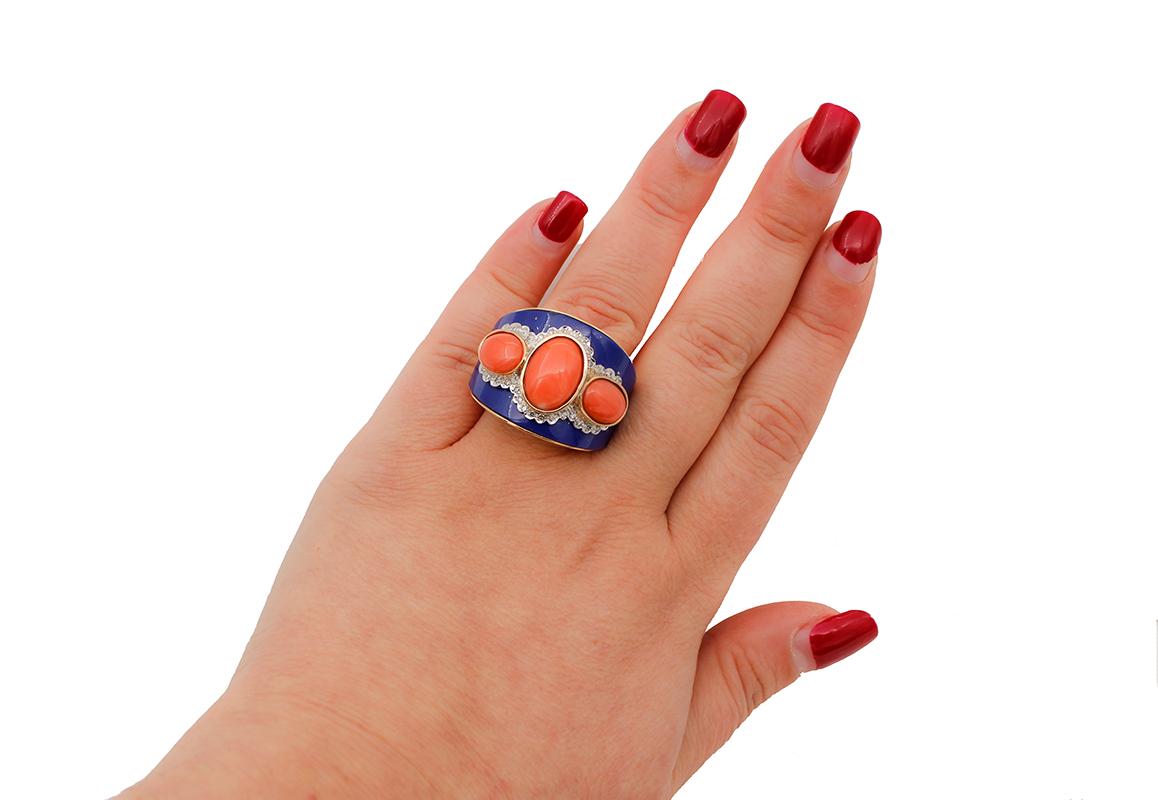 Coral, Diamonds, Lapis, 14 Karat Rose and White Gold Band Ring In Good Condition For Sale In Marcianise, Marcianise (CE)