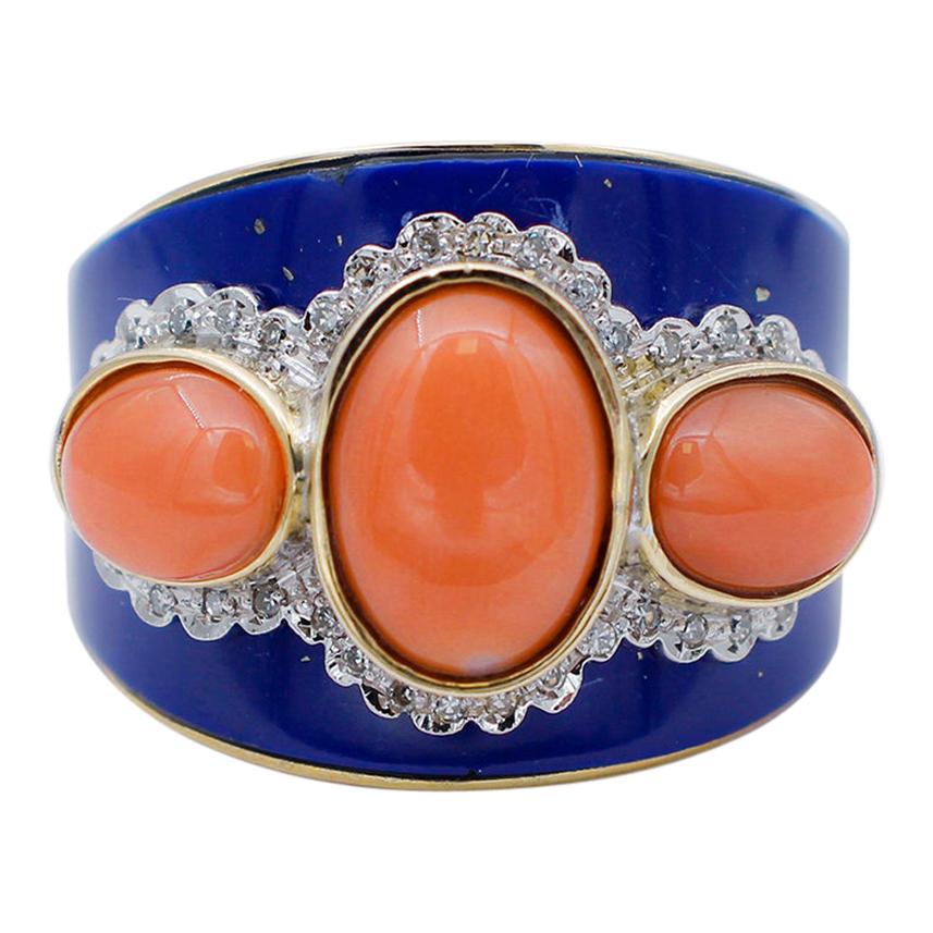 Coral, Diamonds, Lapis, 14 Karat Rose and White Gold Band Ring For Sale