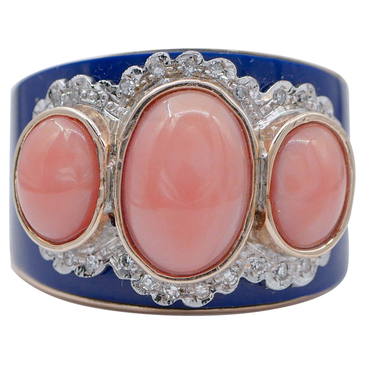 Anello a fascia in oro rosa e bianco 14 carati con corallo, diamanti e lapis