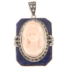 Coral Diamonds Lapis 9 Karat Yellow Gold Pendant Necklaces