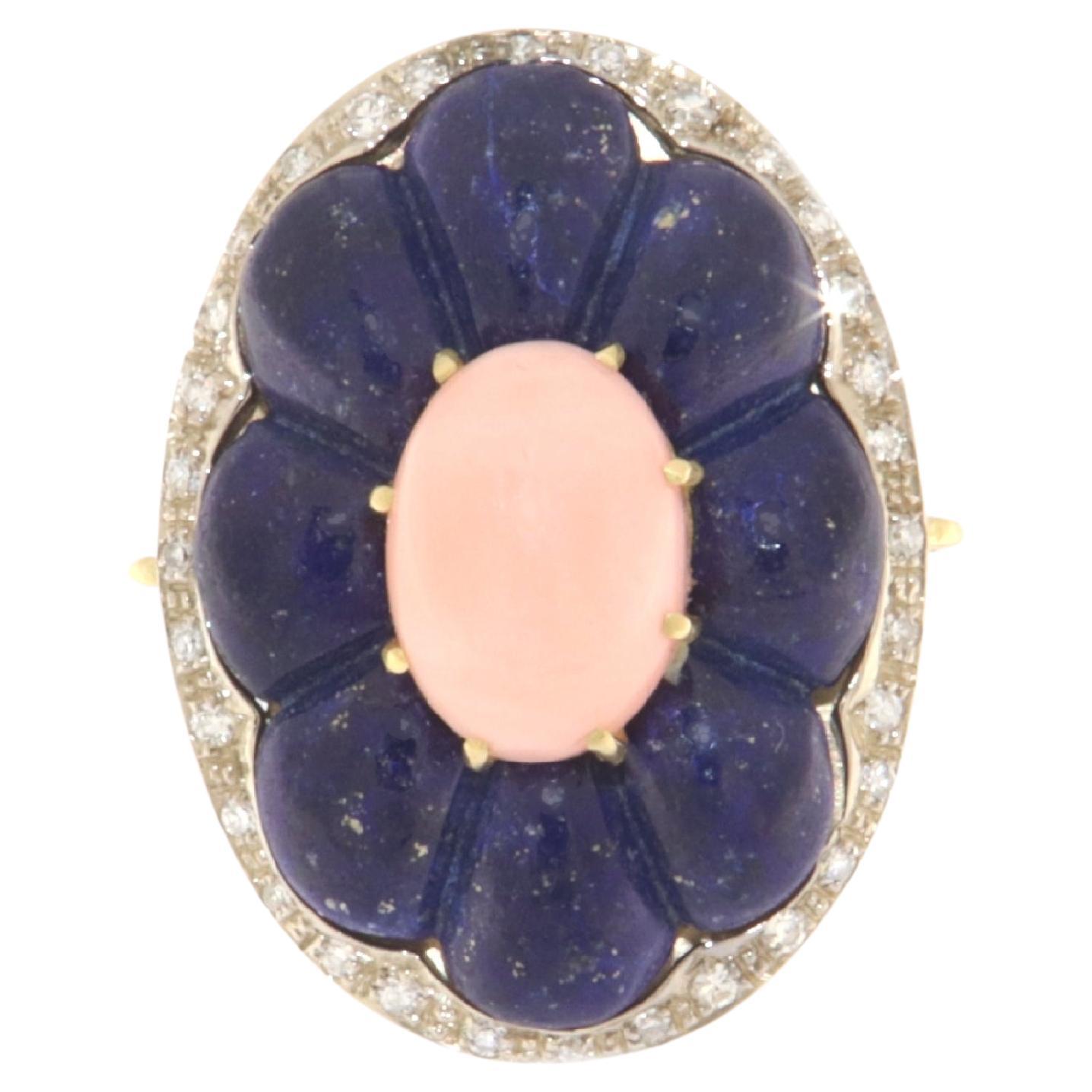 Coral Diamonds Lapis Lazuli 18 Karat Yellow Gold Cocktail Ring