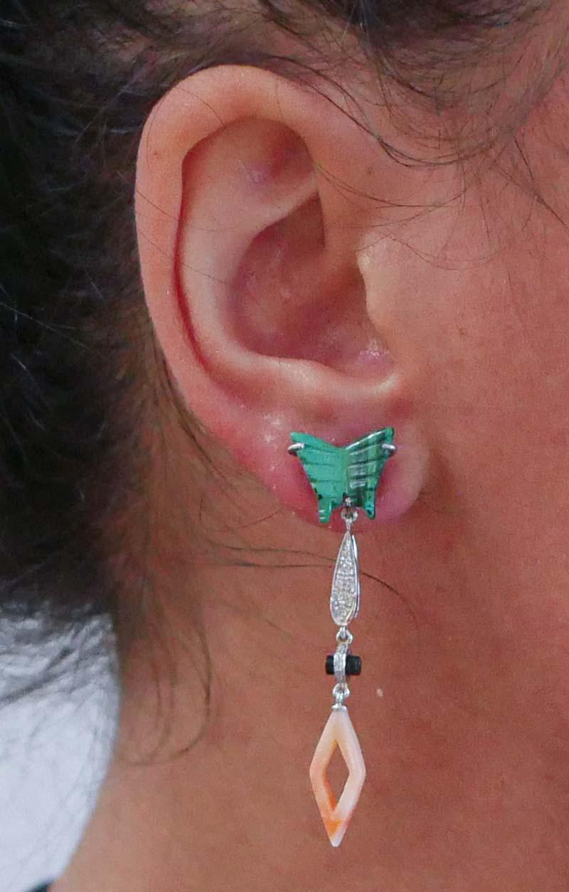 Corallo, diamanti, malakite, onice, platino Orecchini. In condizioni buone in vendita a Marcianise, Marcianise (CE)