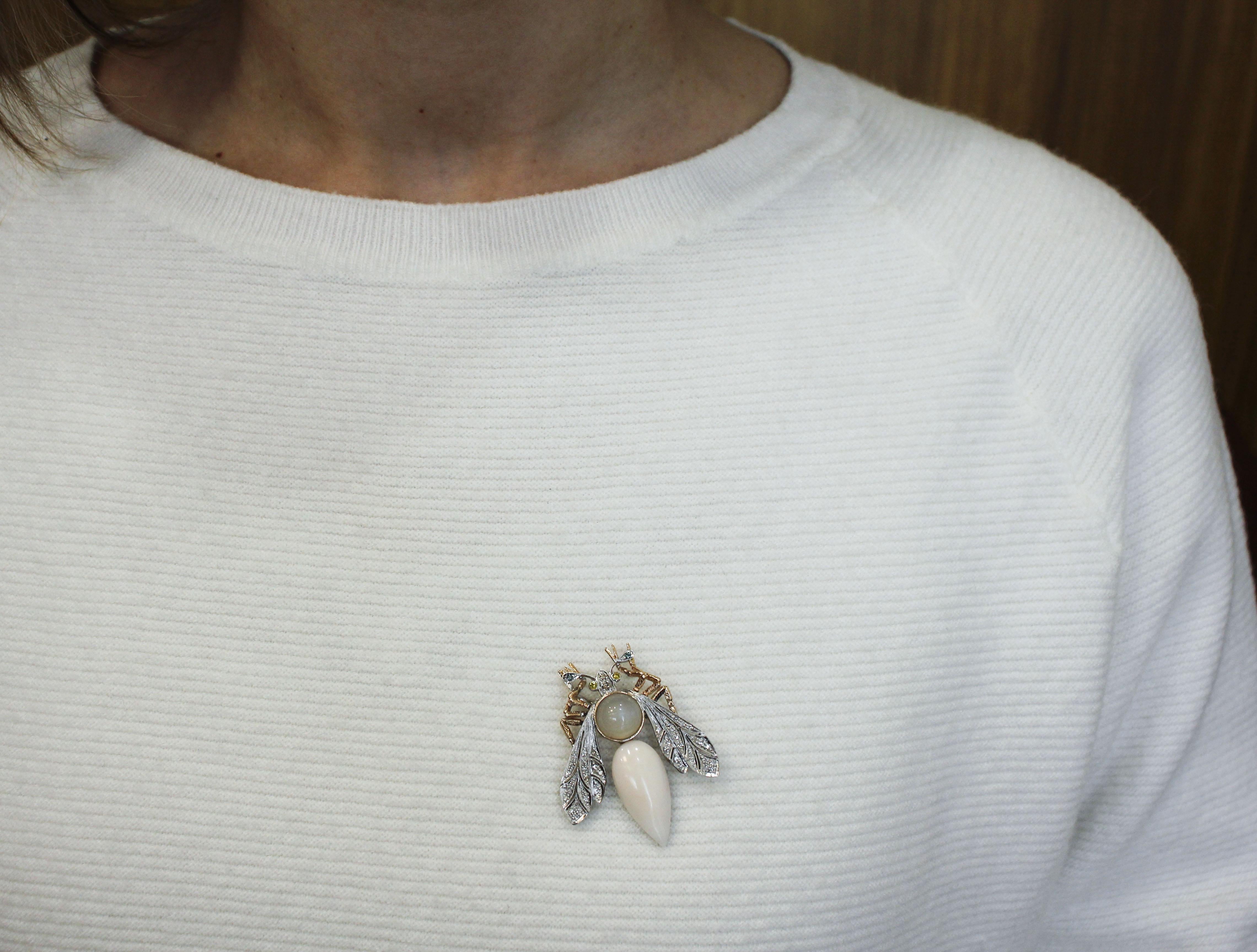 Pink Coral Drop, Diamonds, Moonstone, White and Rose Gold Dragonfly Shape Brooch 5