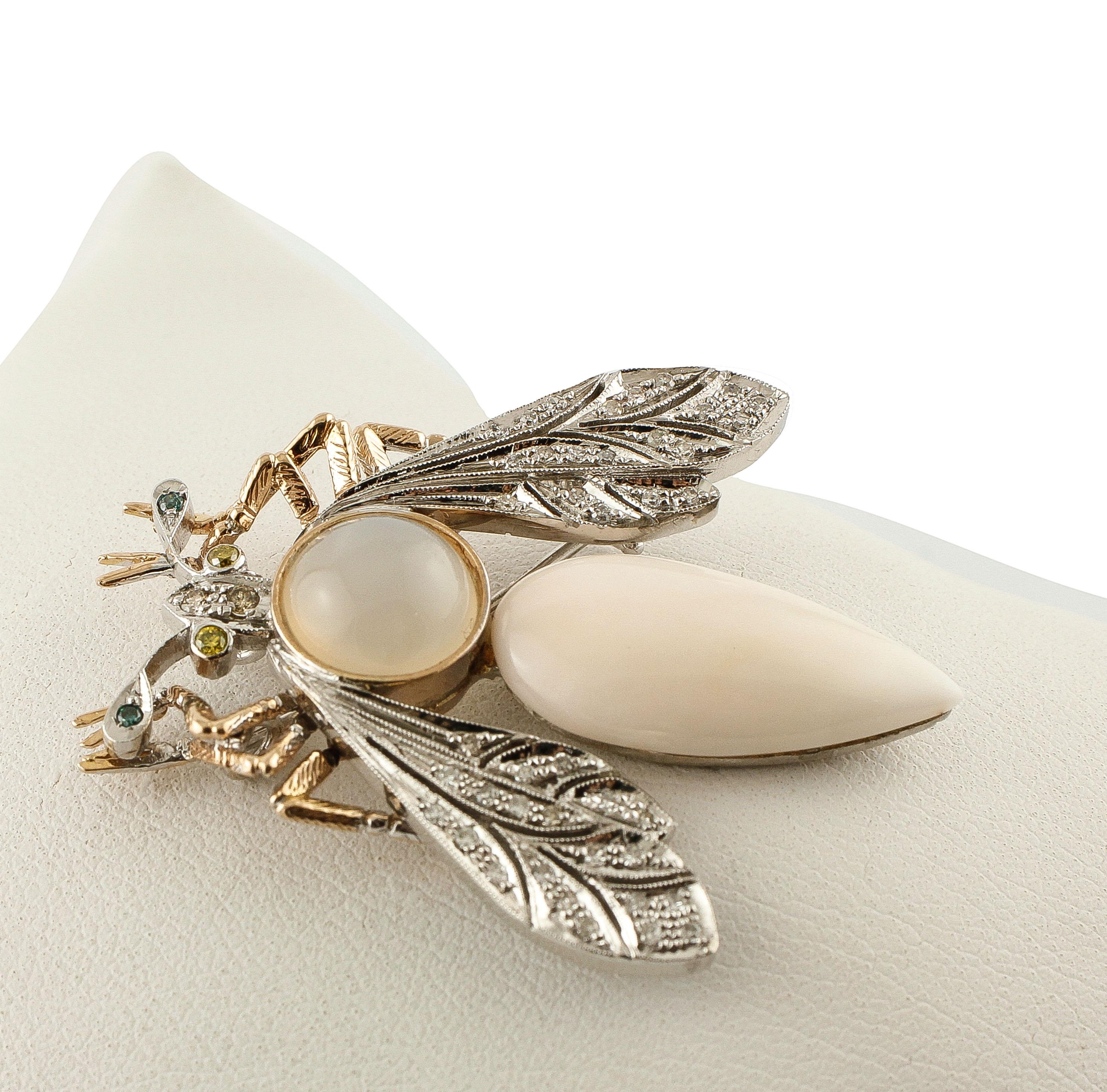 Round Cut Pink Coral Drop, Diamonds, Moonstone, White and Rose Gold Dragonfly Shape Brooch For Sale