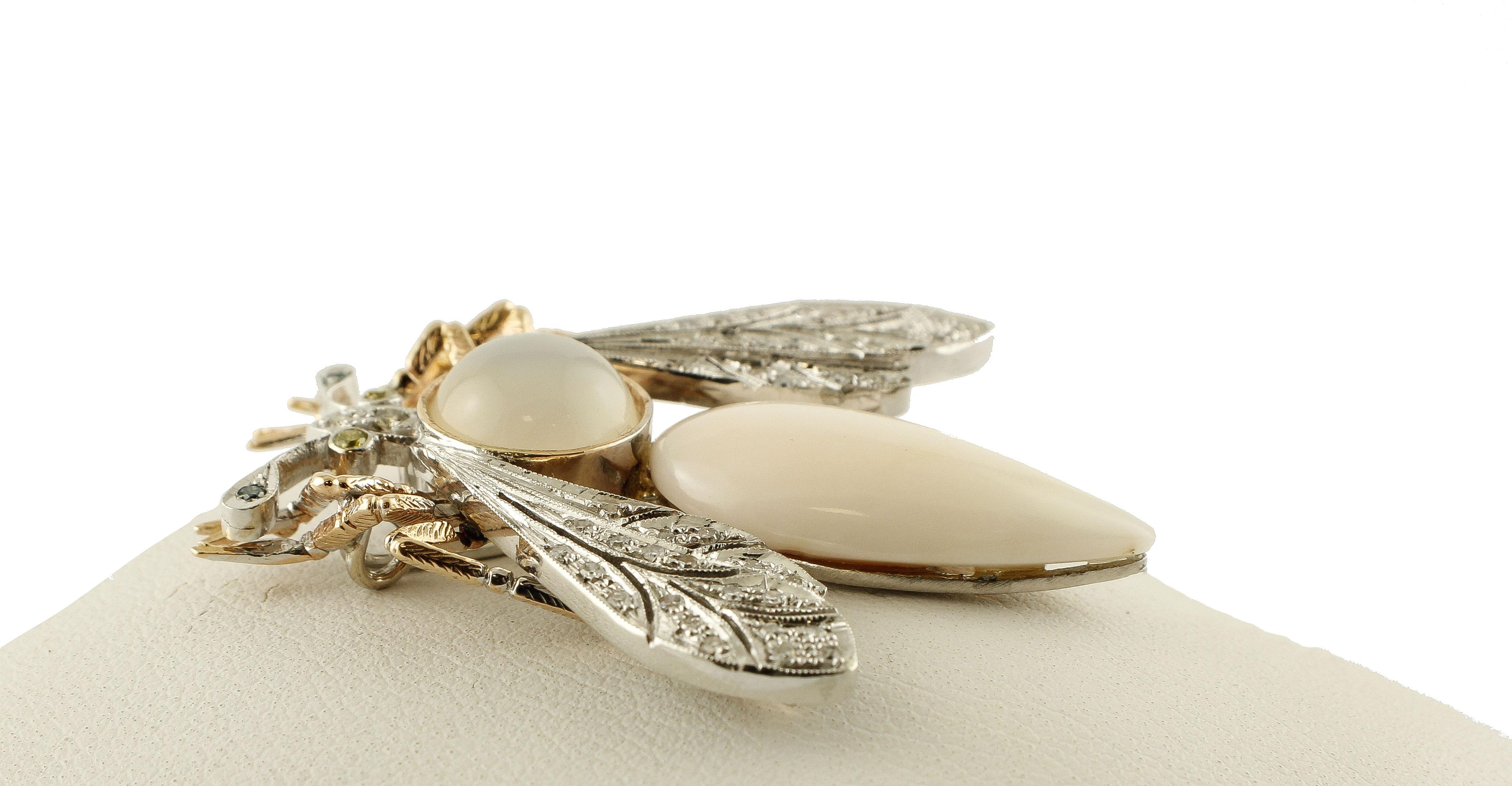Pink Coral Drop, Diamonds, Moonstone, White and Rose Gold Dragonfly Shape Brooch In Excellent Condition For Sale In Marcianise, Marcianise (CE)