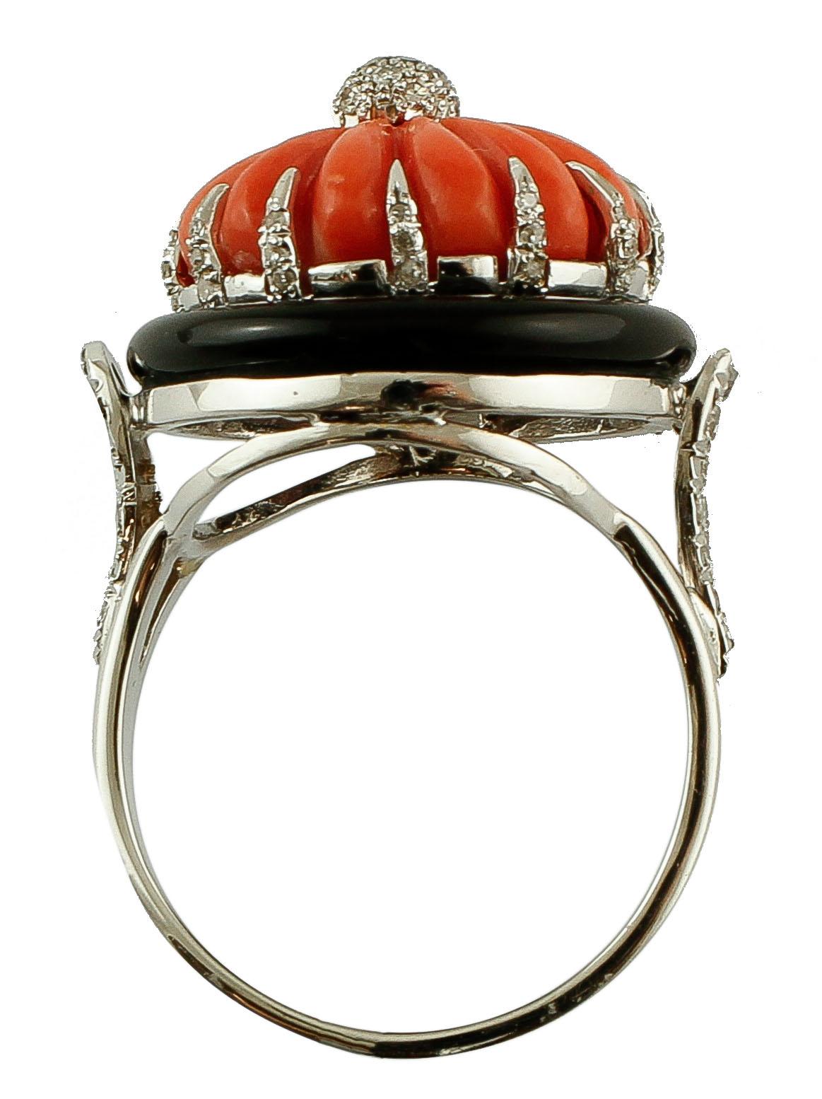 Retro Coral, Diamonds, Onyx, 14 Karat White Gold Dome Vintage Ring