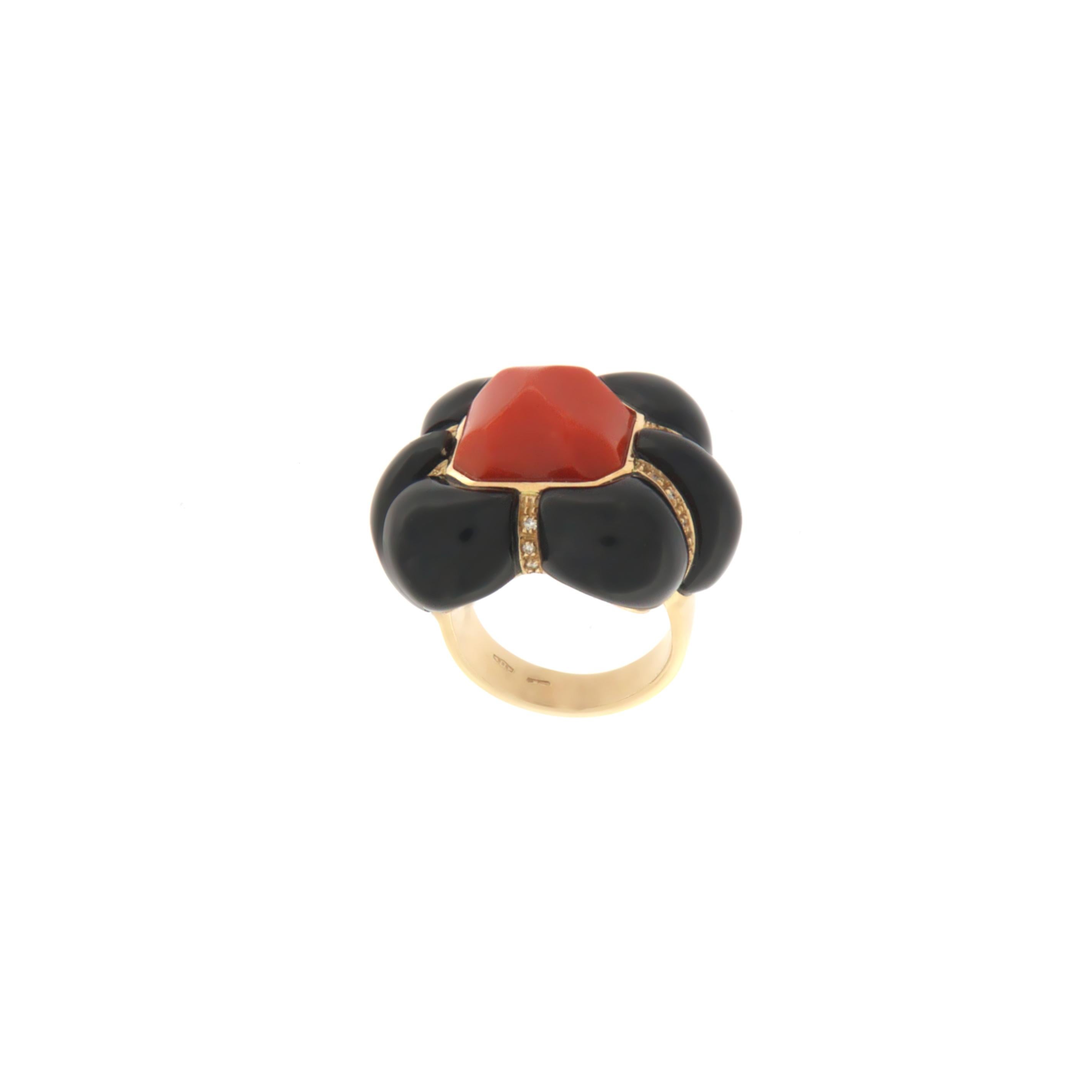 Brilliant Cut Coral Diamonds Onyx 14 Karat Yellow Gold Cocktail Ring For Sale