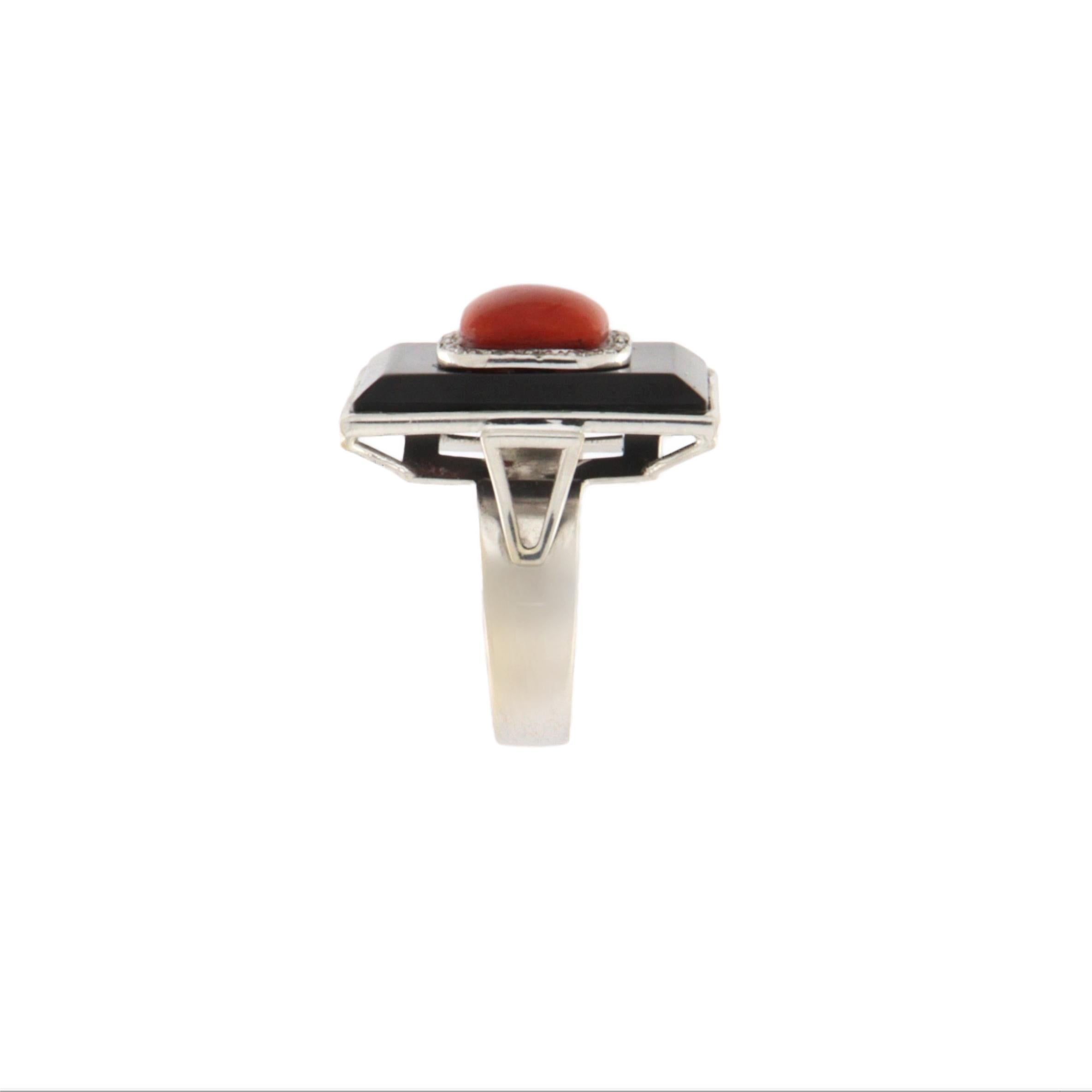 Artisan Coral Diamonds Onyx 18 Karat White Gold Cocktail Ring For Sale
