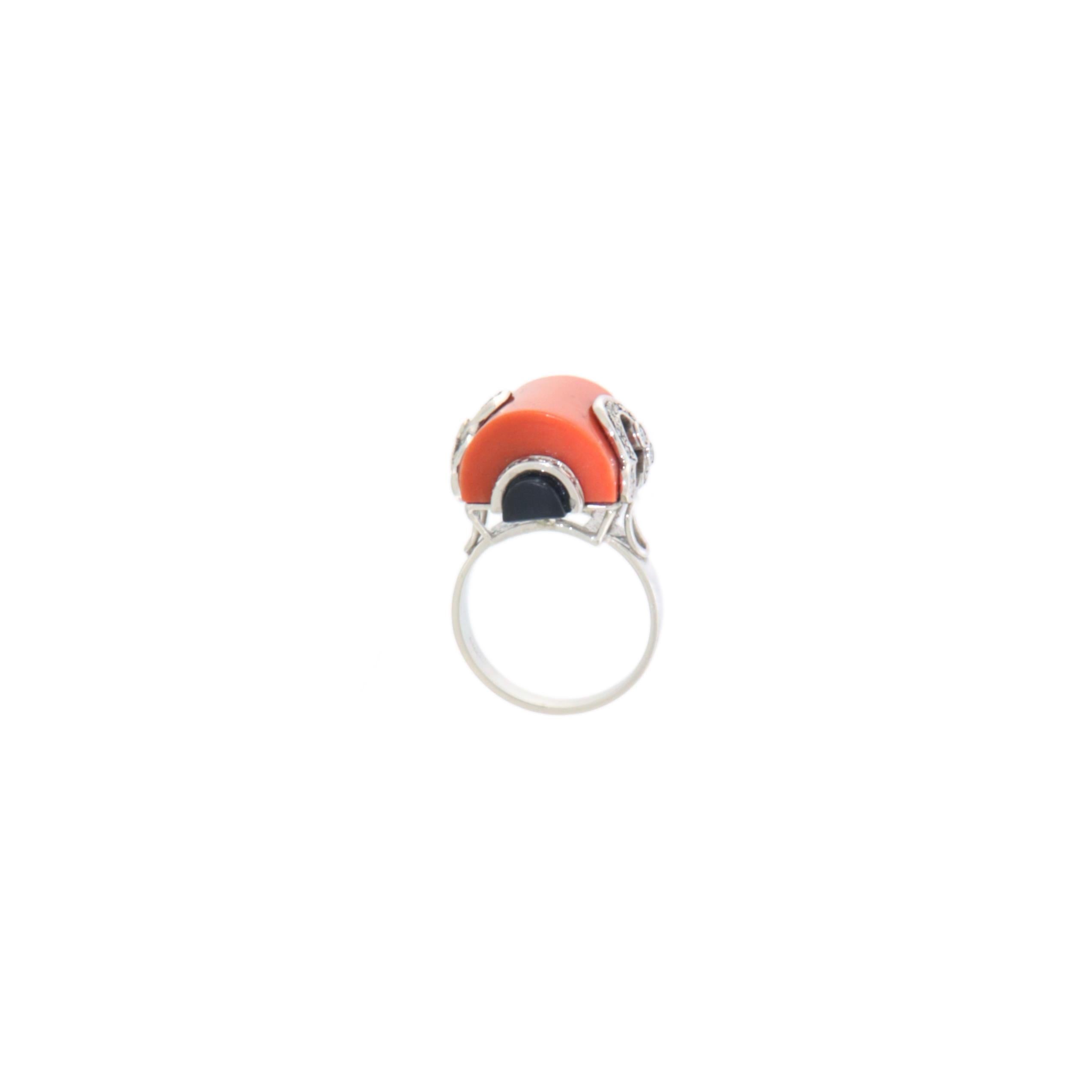 Brilliant Cut Coral Diamonds Onyx 18 Karat White Gold Cocktail Ring For Sale