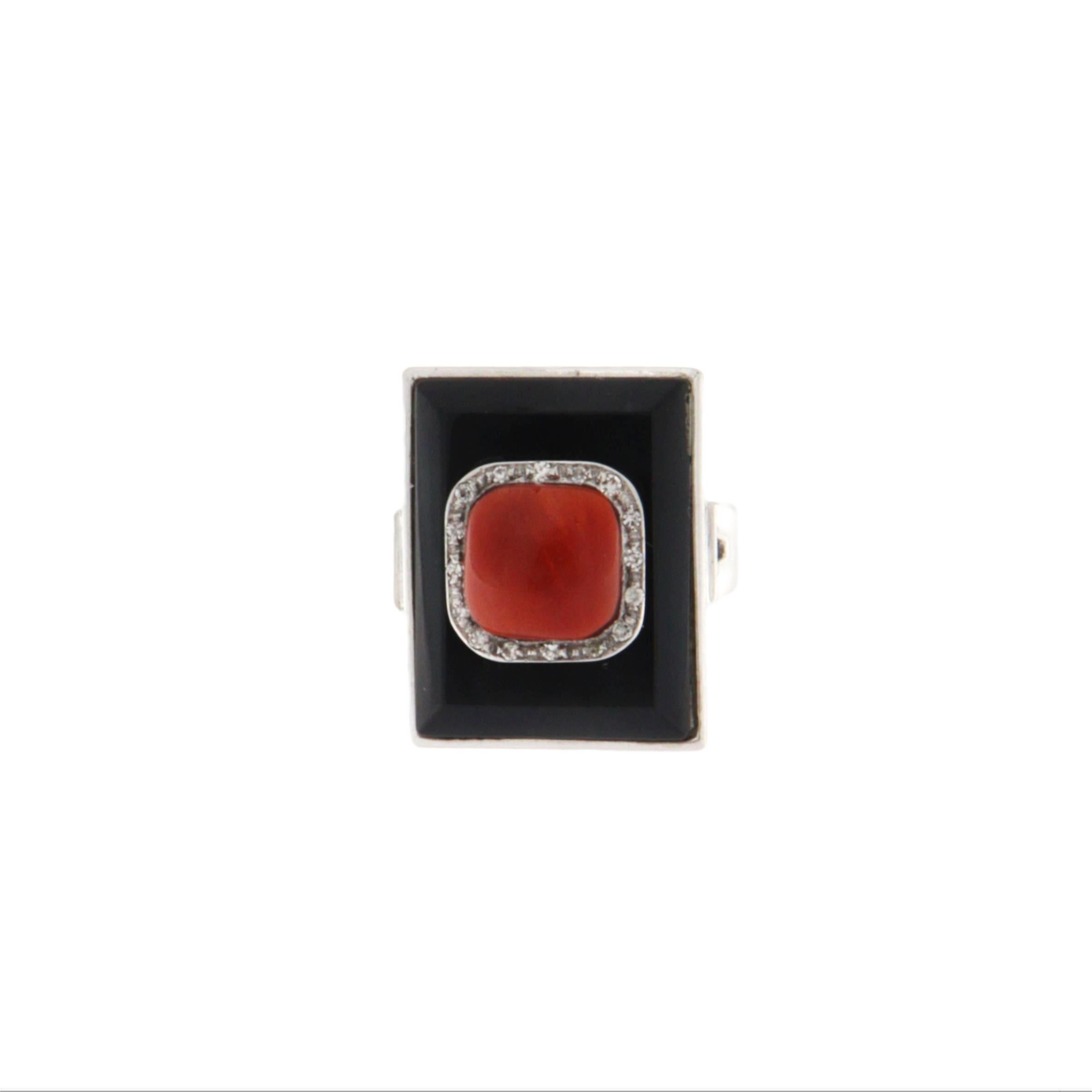 Brilliant Cut Coral Diamonds Onyx 18 Karat White Gold Cocktail Ring For Sale