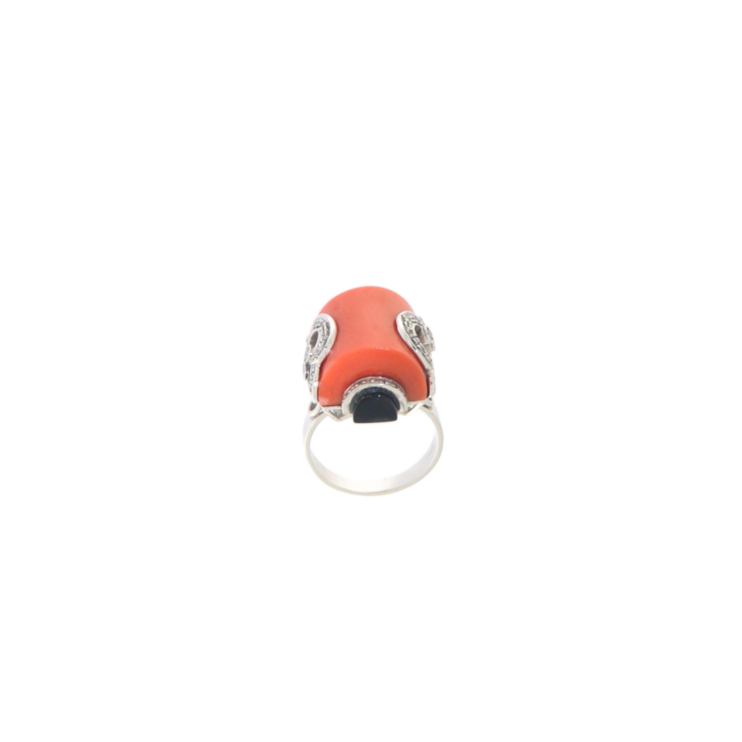 Women's Coral Diamonds Onyx 18 Karat White Gold Cocktail Ring For Sale