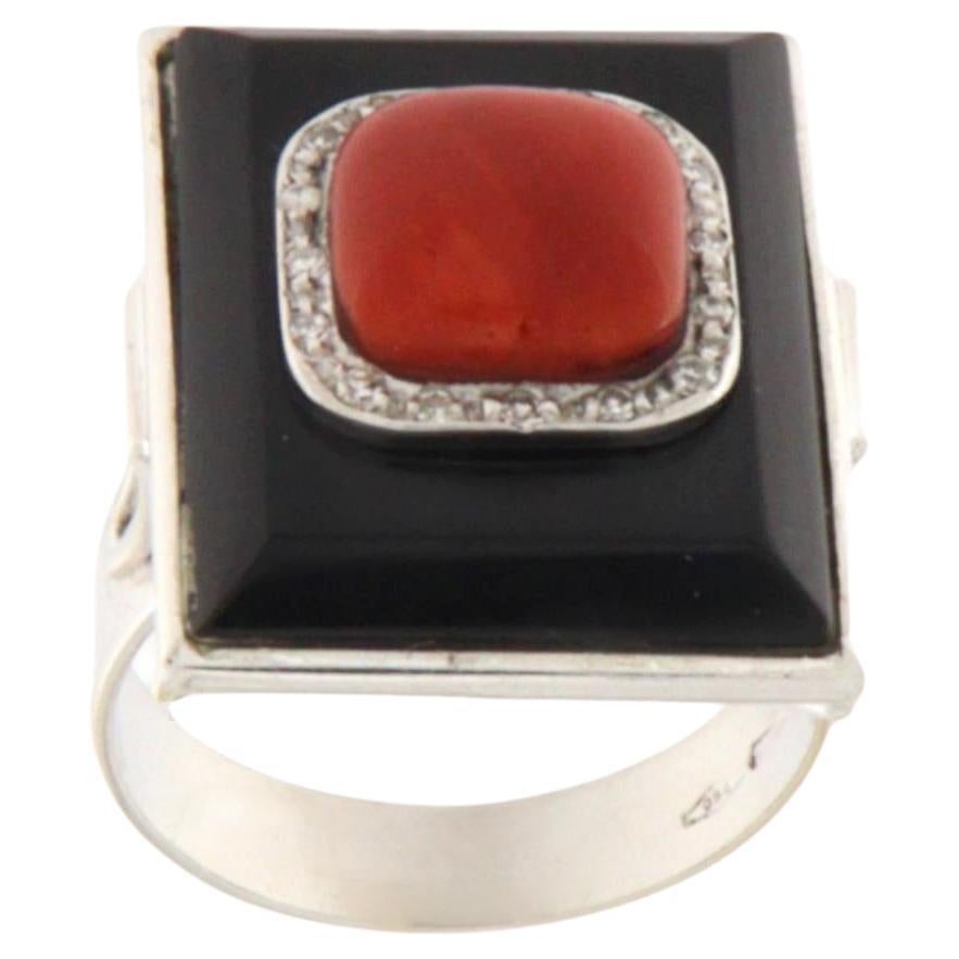 Coral Diamonds Onyx 18 Karat White Gold Cocktail Ring For Sale