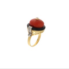 Elegant 18K Gold Coral Onyx Diamond Cocktail Ring, 0.35ct