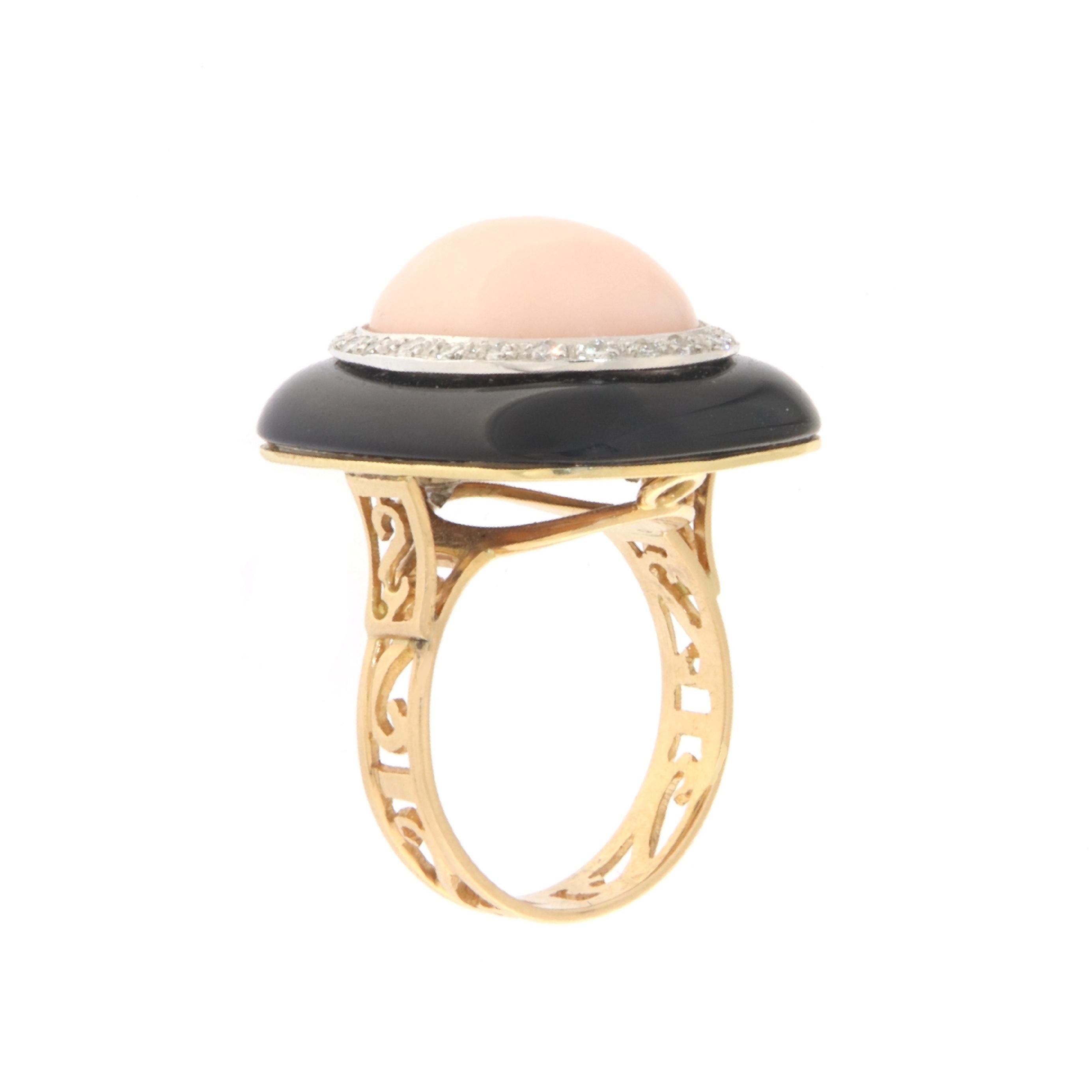 Artisan Coral Diamonds Onyx 18 Karat Yellow Gold Cocktail Ring For Sale