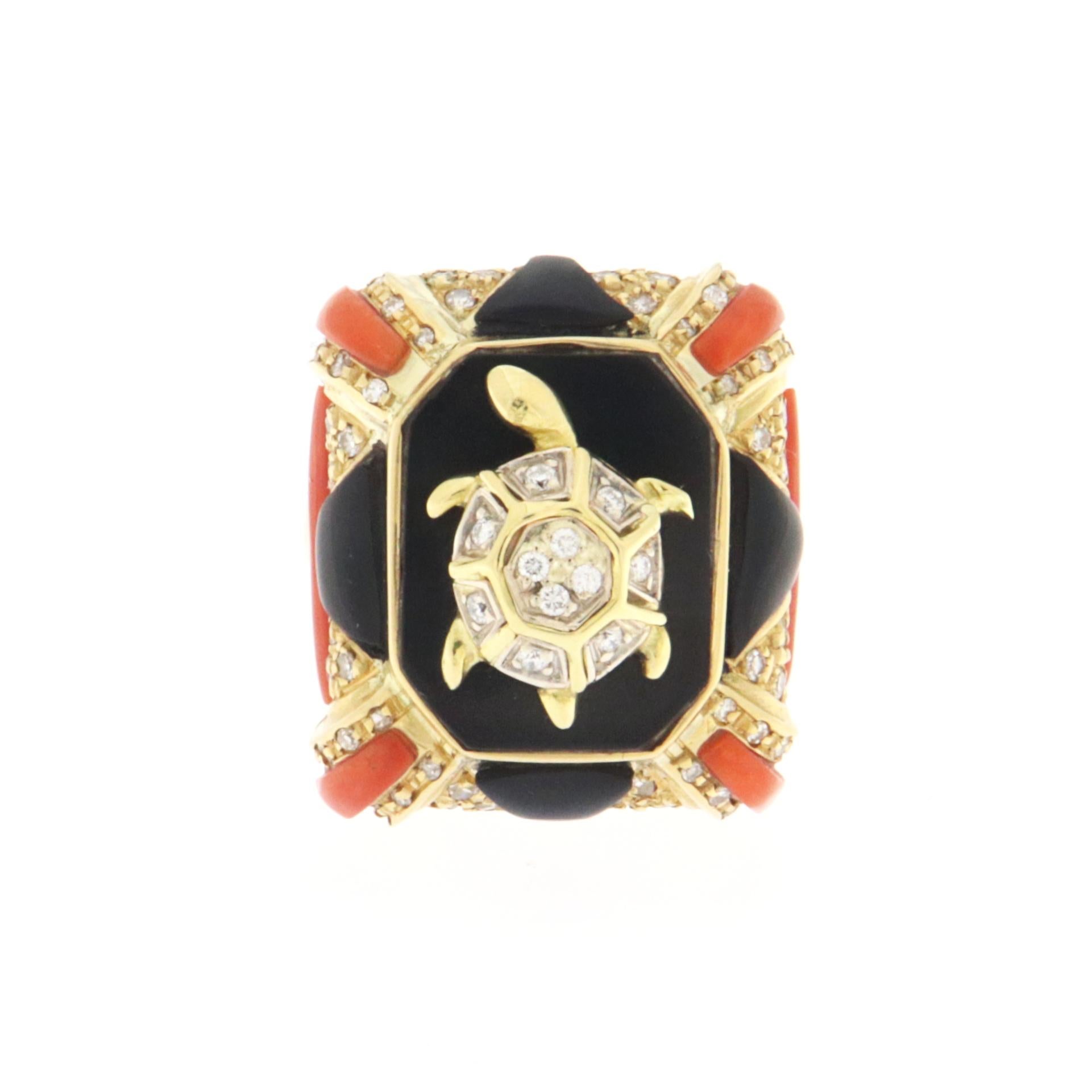 Artisan Coral Diamonds Onyx 18 Karat Yellow Gold Cocktail Ring For Sale