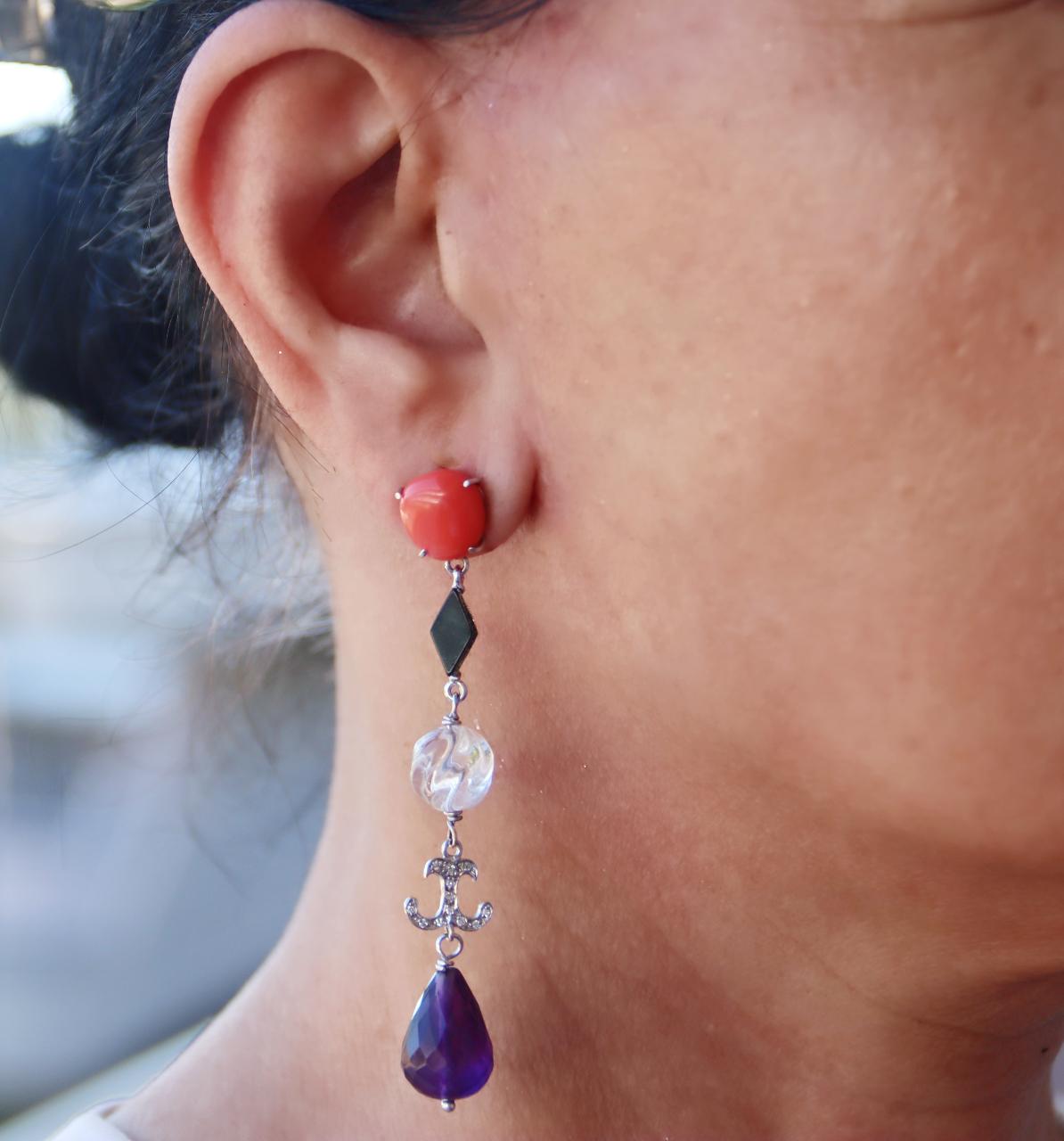 Coral Diamonds Onyx Amethyst Rock Crystal 18 Karat White Gold Drop Earrings 3