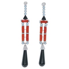 Corallo, diamanti, onice, acquamarina, orecchini Retrò in platino