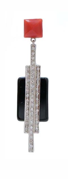 Coral, Diamonds, Onyx, Platinum Dangle Earrings.