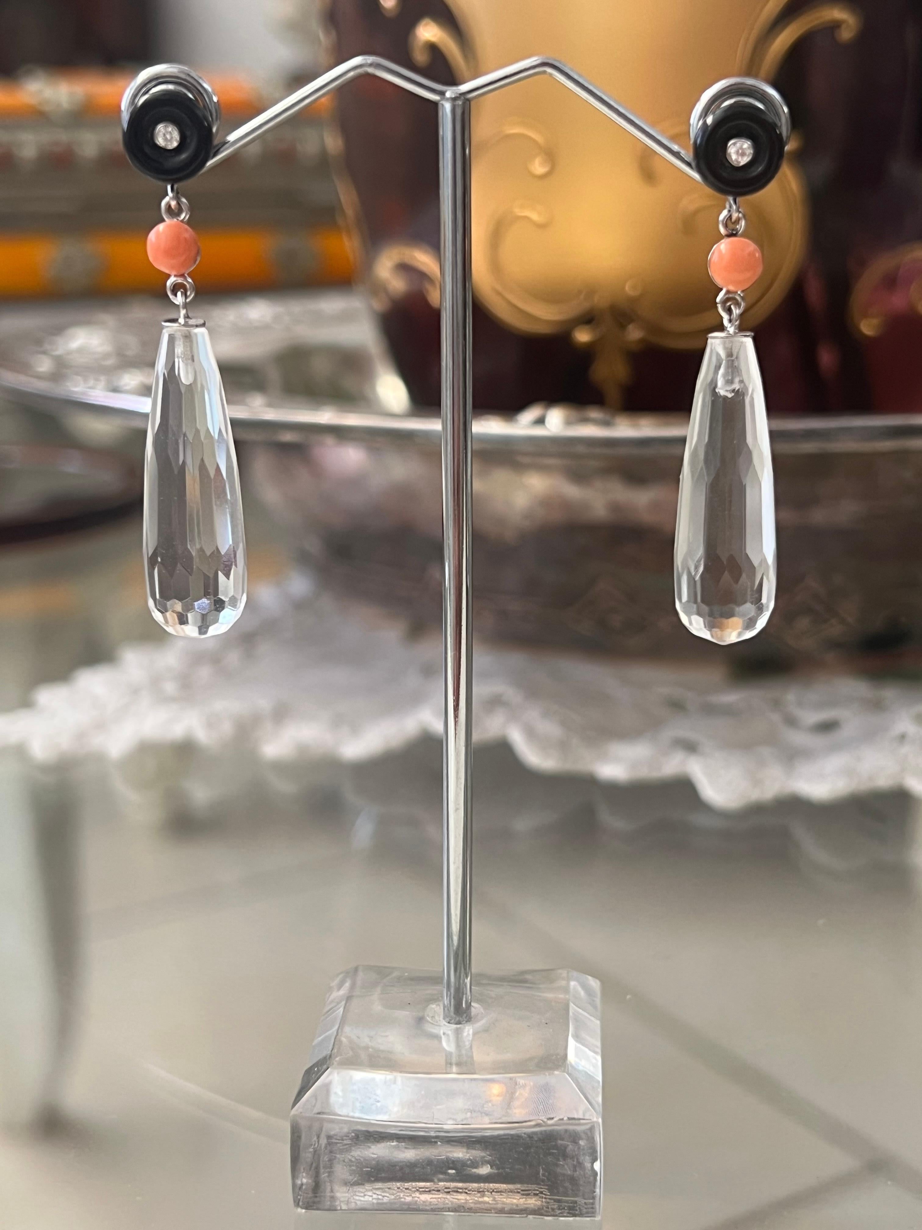 Brilliant Cut Coral Diamonds Onyx Rock Crystal 18 Karat White Gold Drop Earrings For Sale