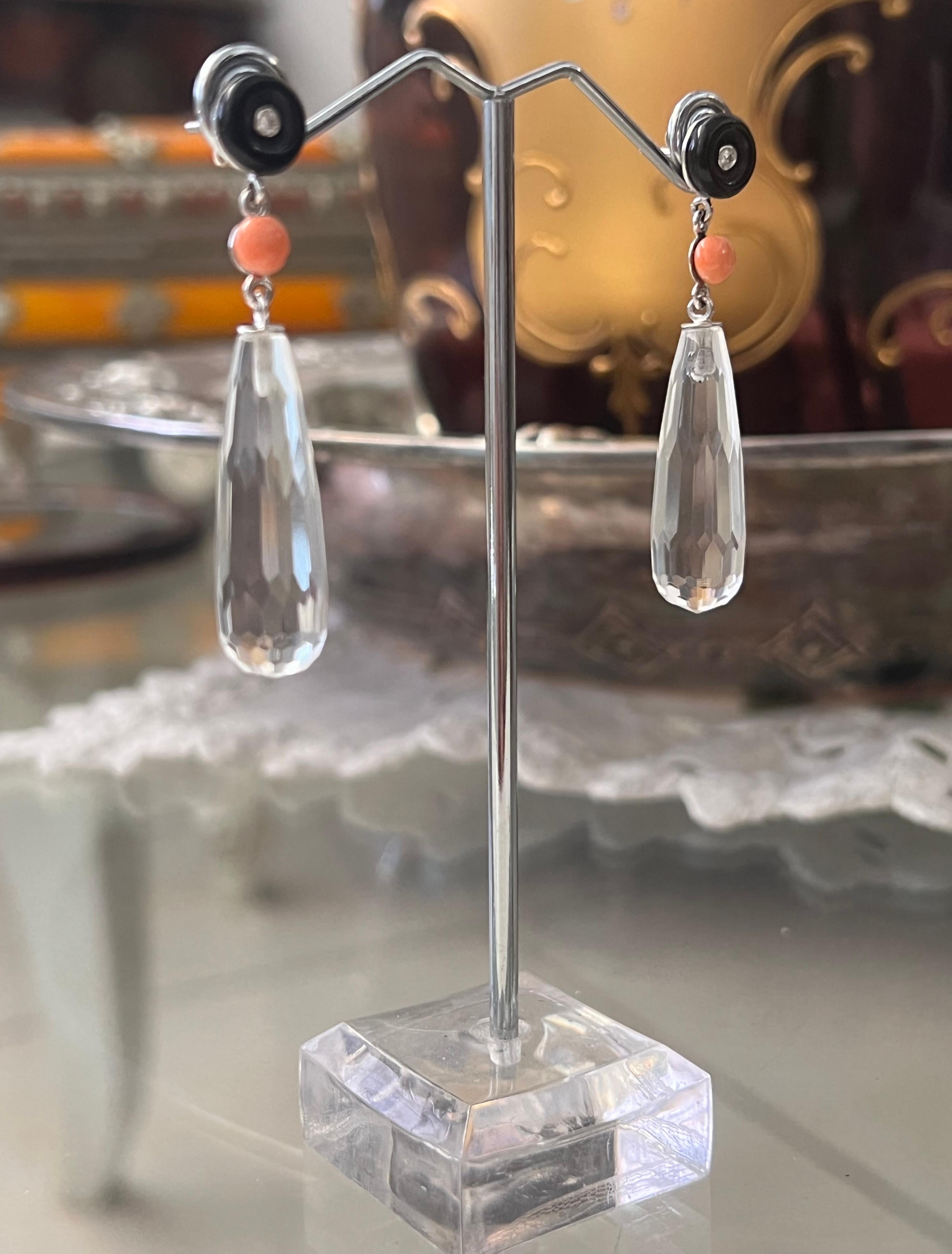 Women's Coral Diamonds Onyx Rock Crystal 18 Karat White Gold Drop Earrings For Sale