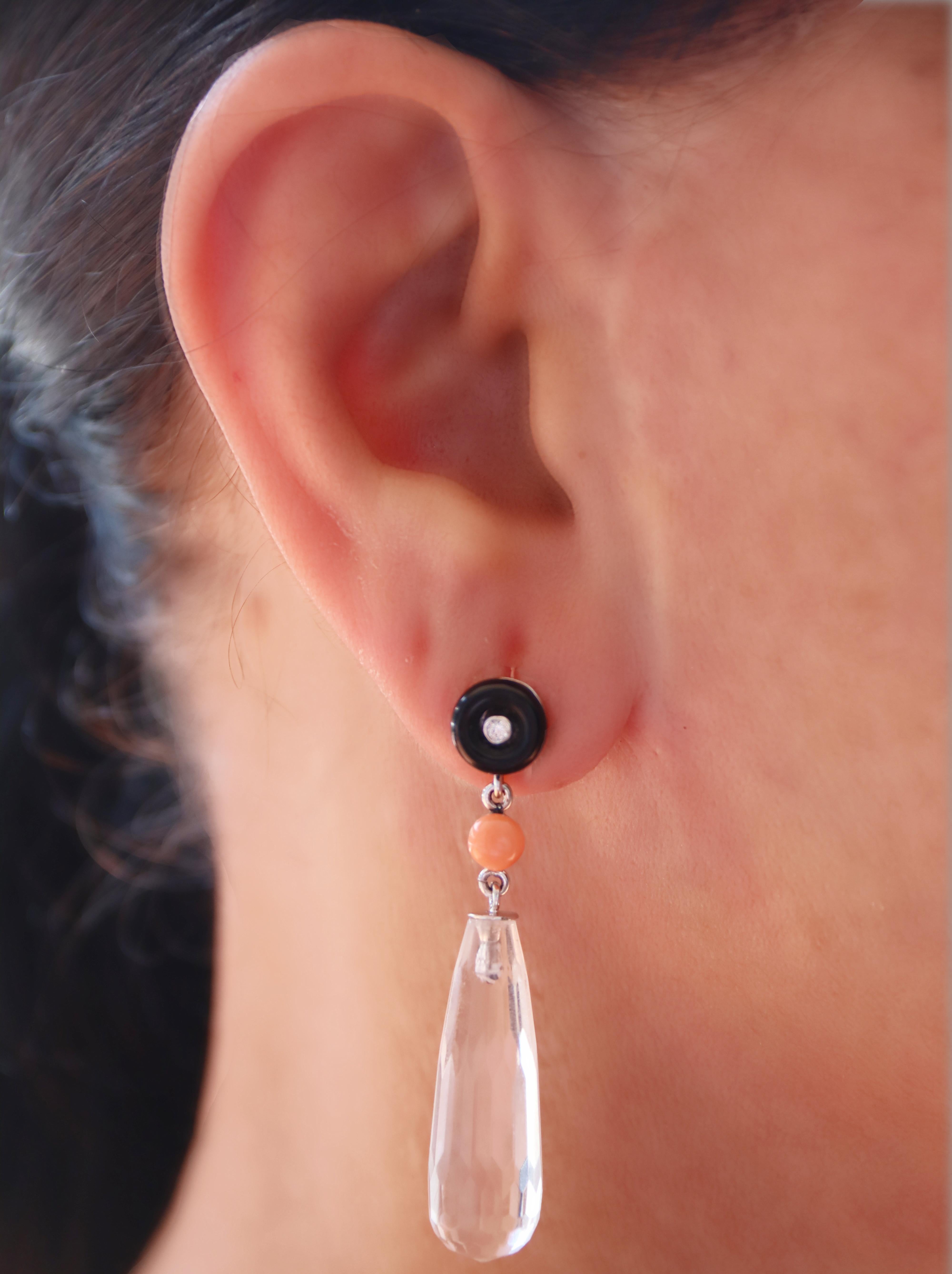 Coral Diamonds Onyx Rock Crystal 18 Karat White Gold Drop Earrings For Sale 1