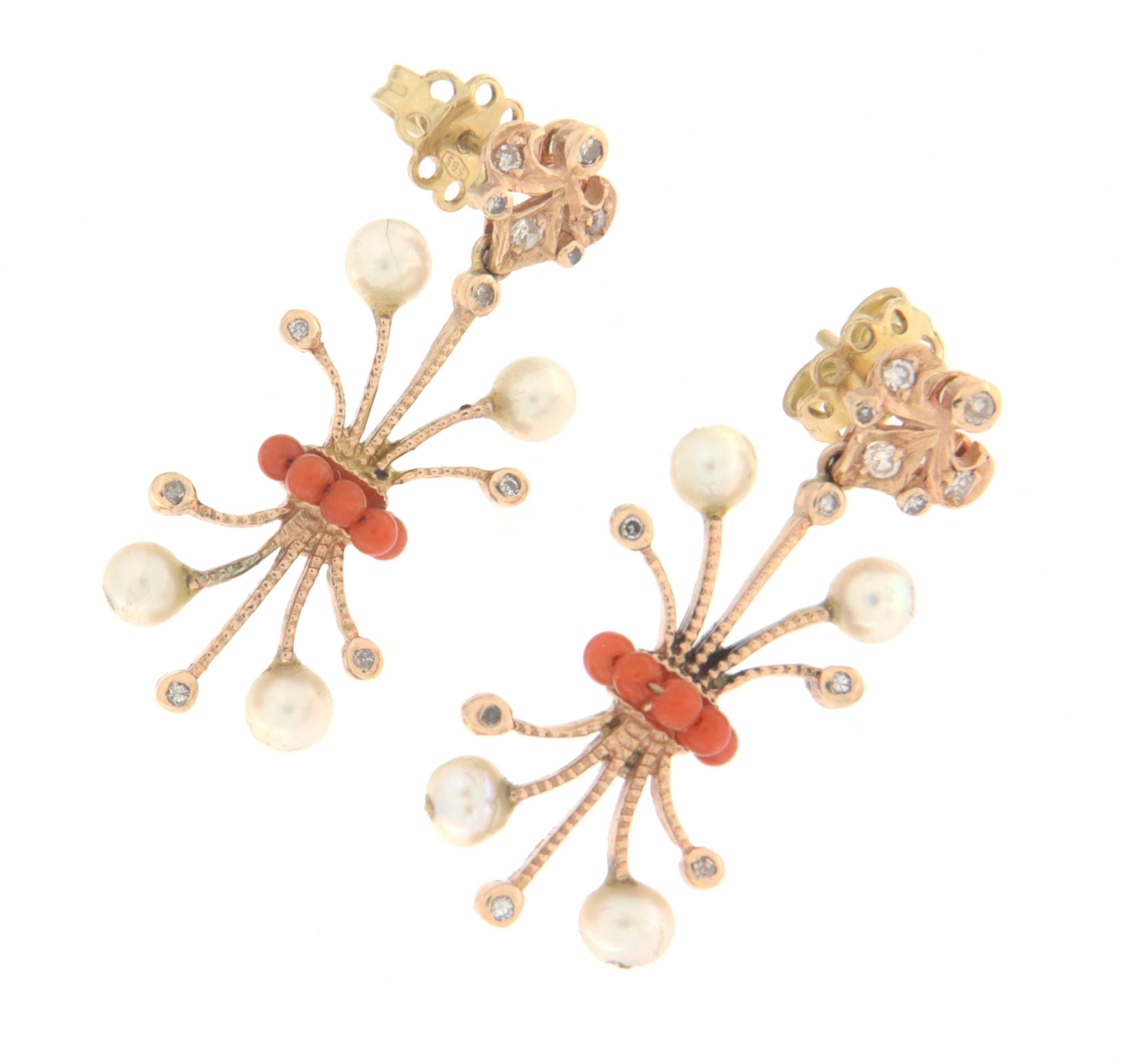 Artisan Coral Diamonds Pearls 14 Karat Yellow Gold Drop Earrings For Sale