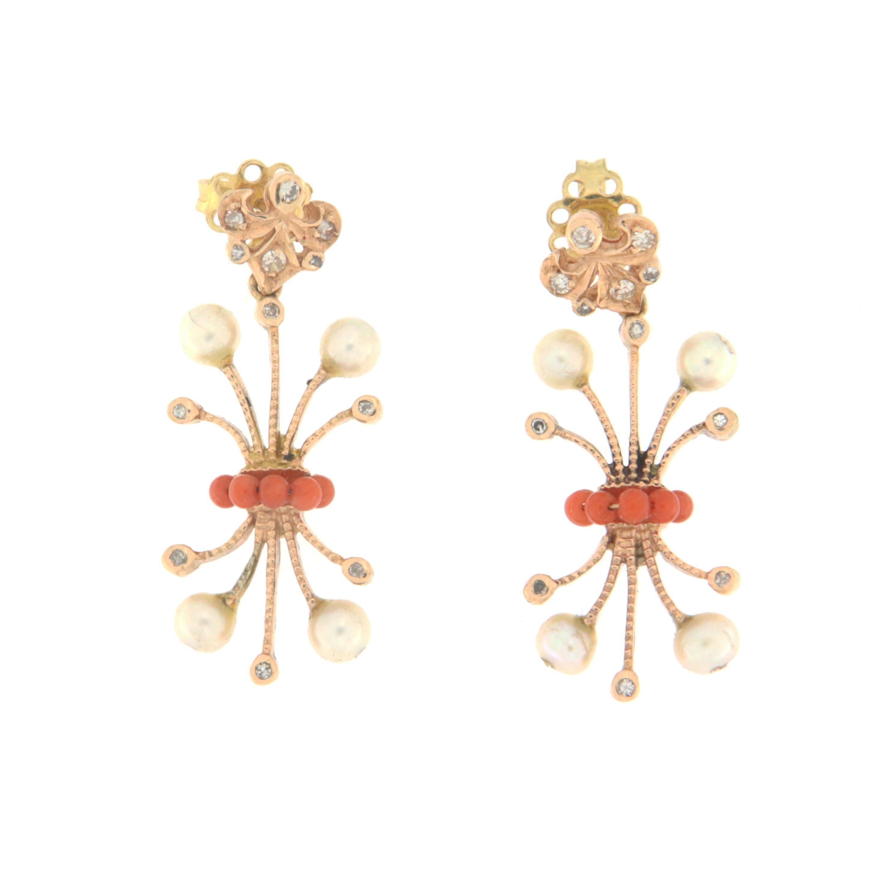 Brilliant Cut Coral Diamonds Pearls 14 Karat Yellow Gold Drop Earrings For Sale